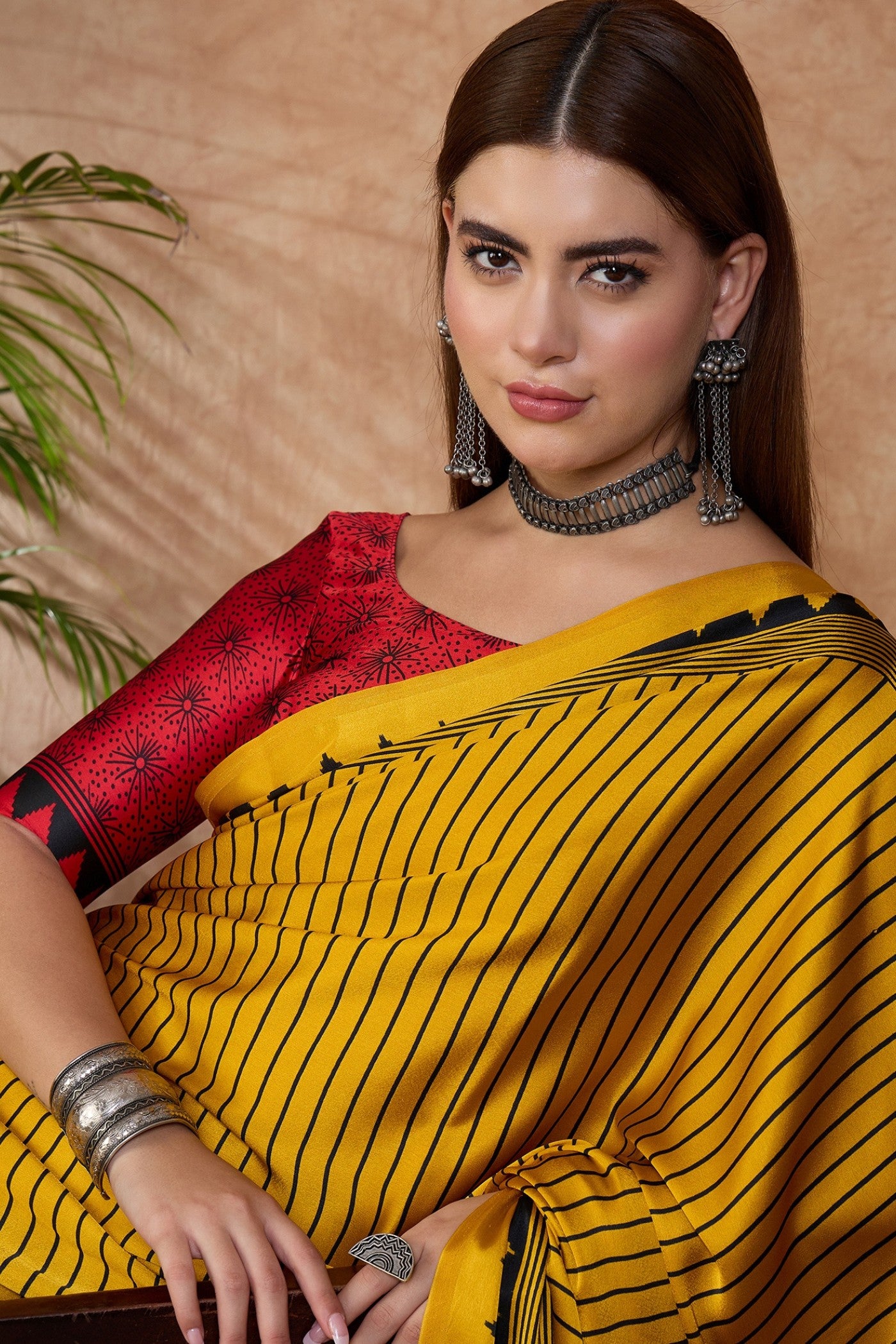 Buy MySilkLove Husk Yellow and Black Stripe Ajrakh Printed Satin Crepe Silk Saree Online