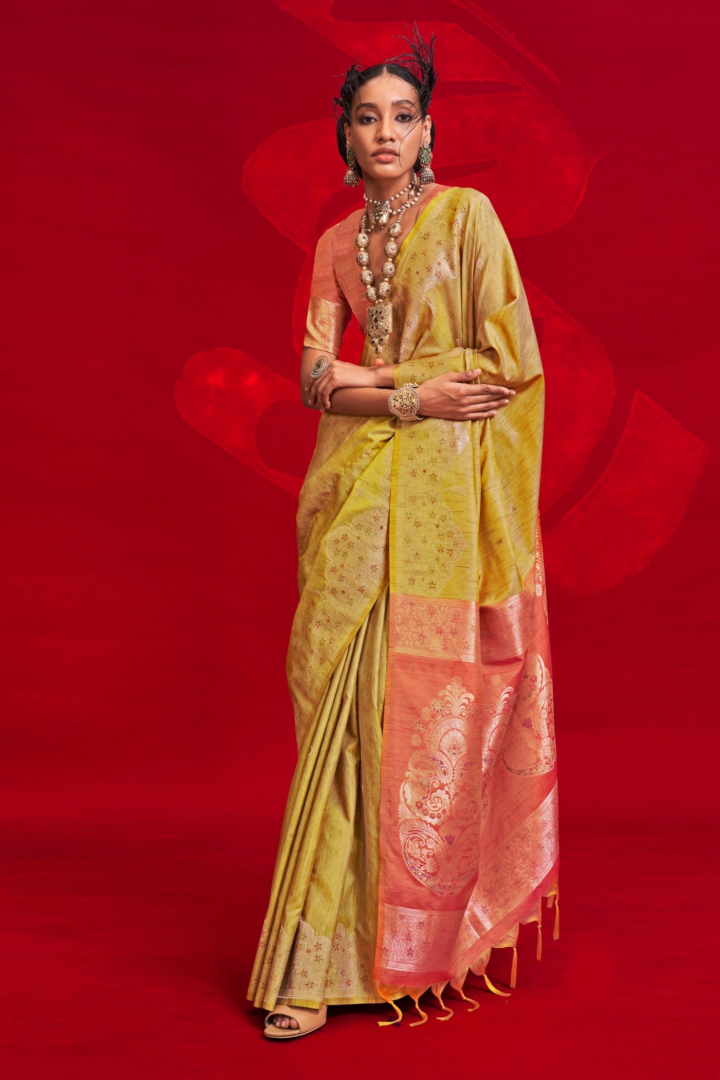 Buy MySilkLove Luxor Gold Yellow Tussar Handloom Silk Saree Online