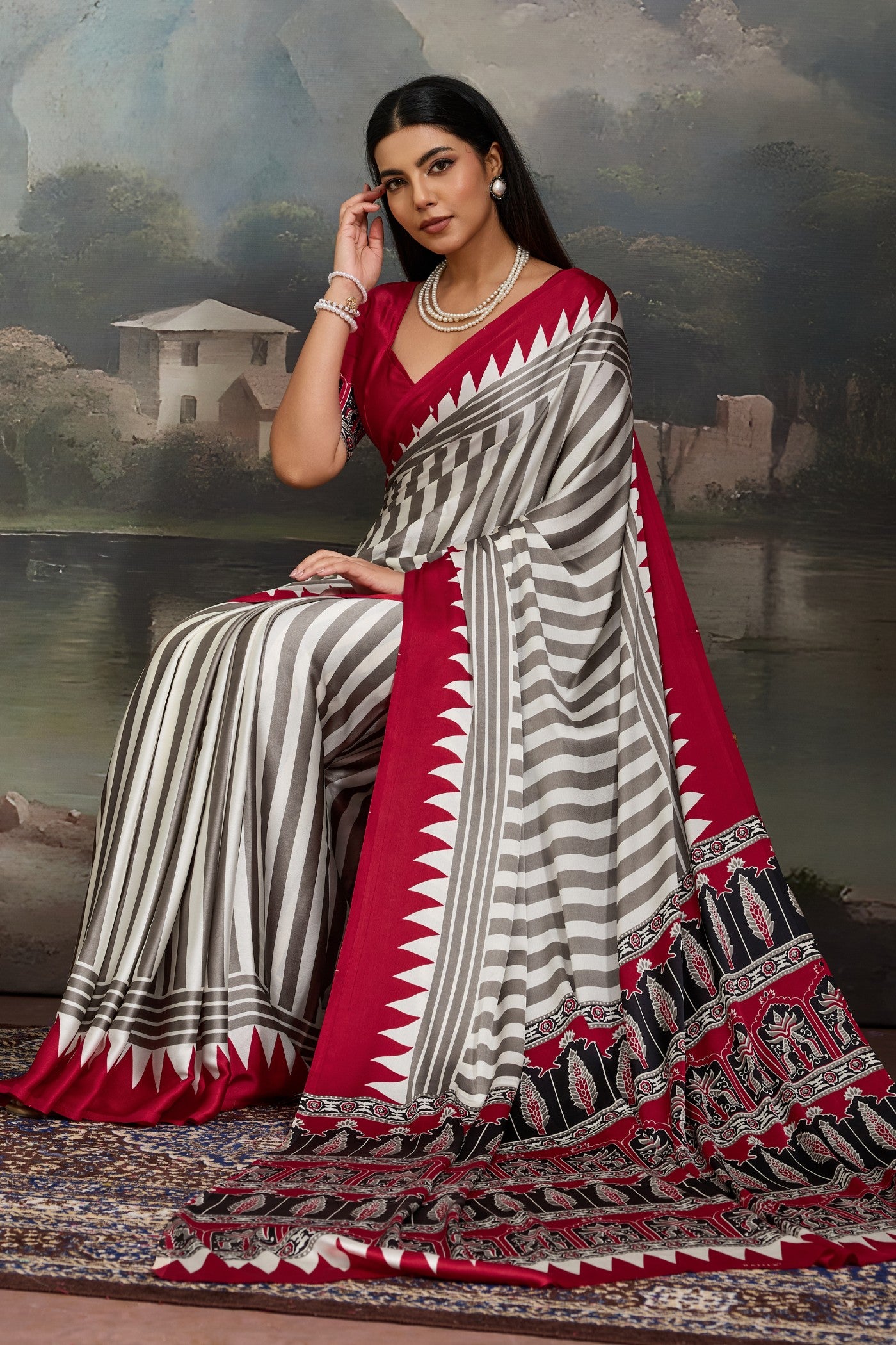 Buy MySilkLove Honeydew White and Red Ajrakh Printed Satin Crepe Silk Saree Online