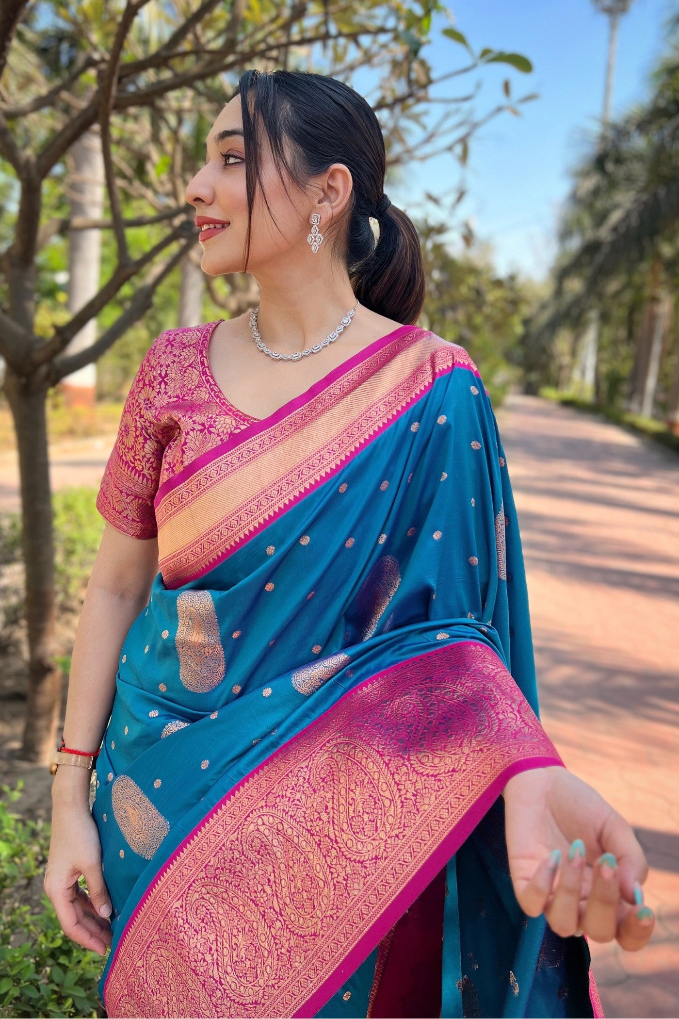 Buy MySilkLove Curious Blue and Pink Zari Woven Banarasi Saree Online