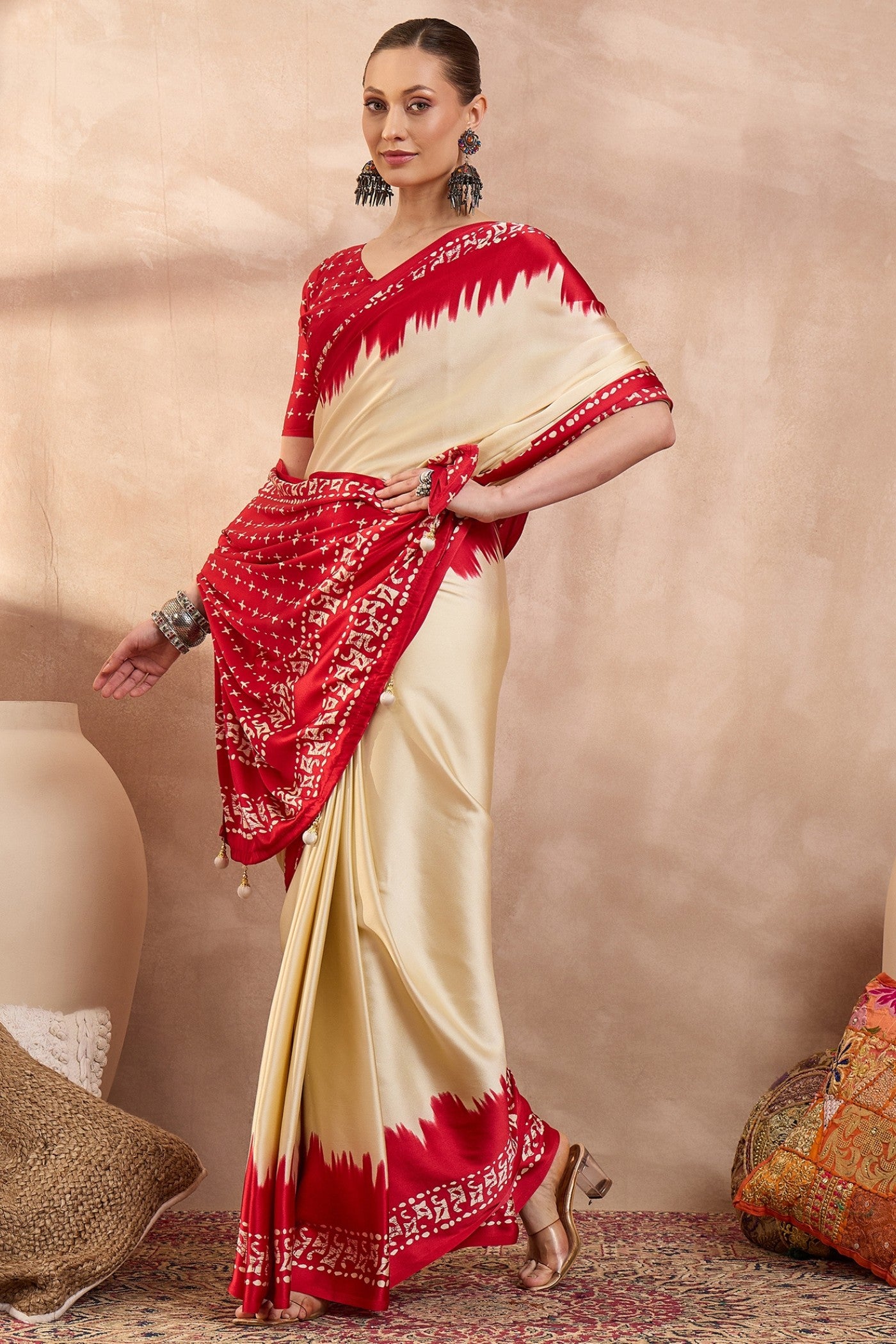 Buy MySilkLove Seashell Cream Printed Satin Crepe Silk Saree Online