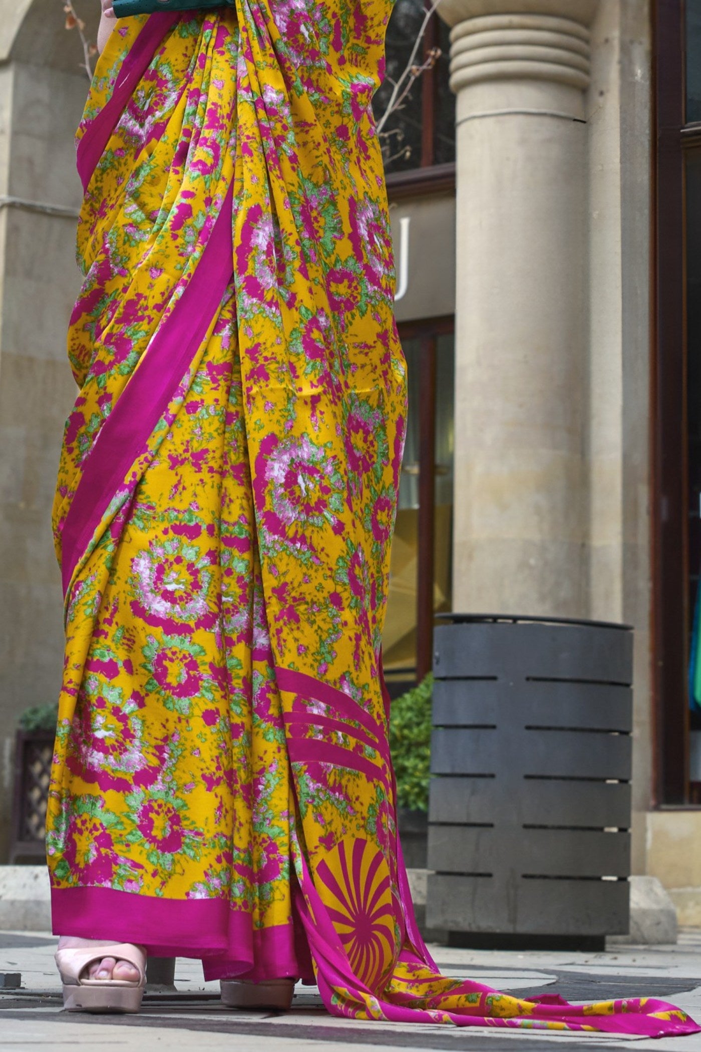 Buy MySilkLove Dijon Yellow and Pink Printed Satin Crepe Silk Saree Online