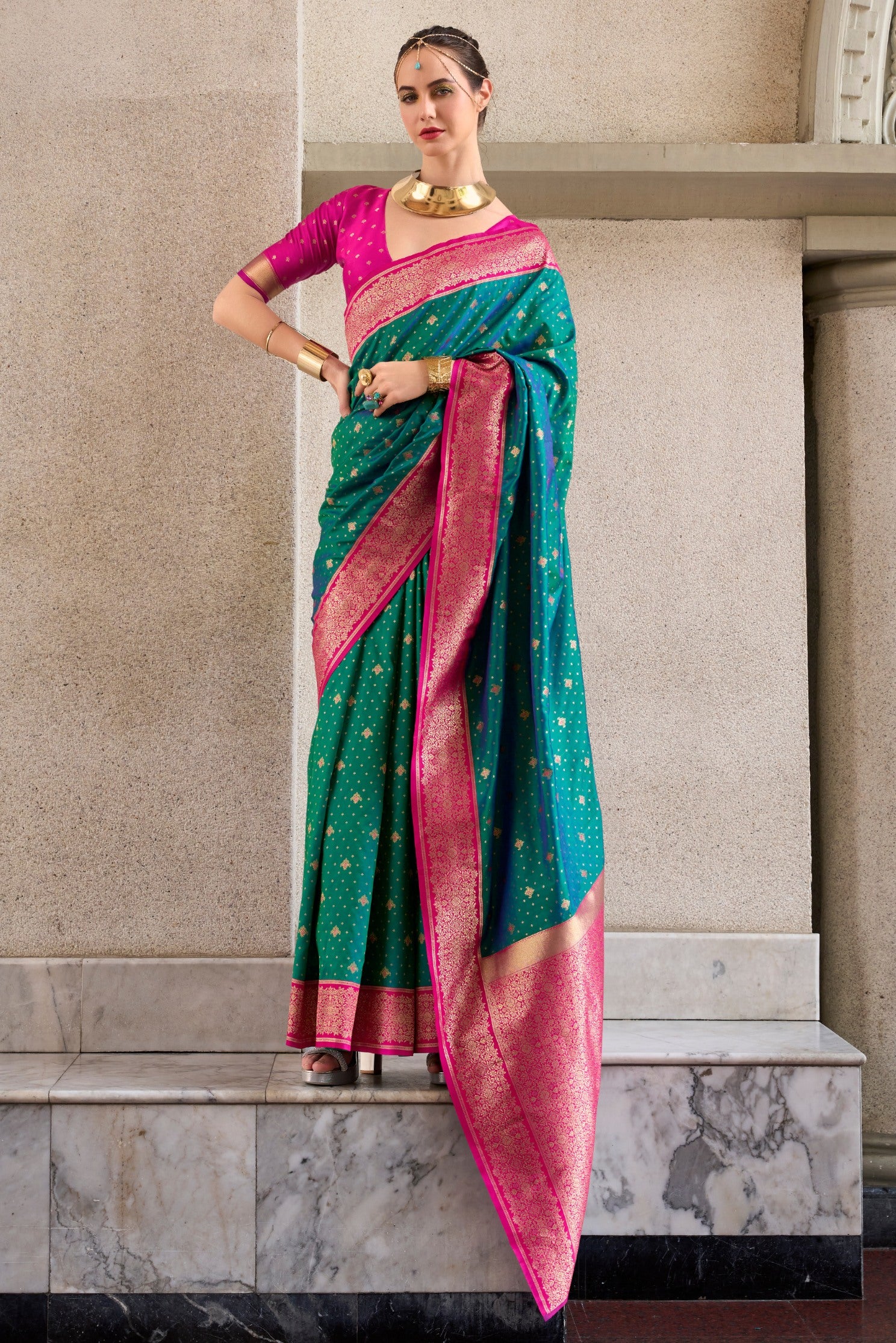 Buy MySilkLove Plantation Green and Pink Zari Woven Banarasi Soft Silk Saree Online