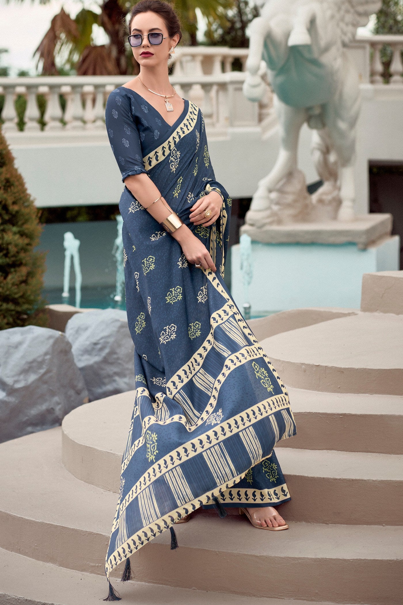 Buy MySilkLove Fiord Blue Mul Mul Cotton Saree Online