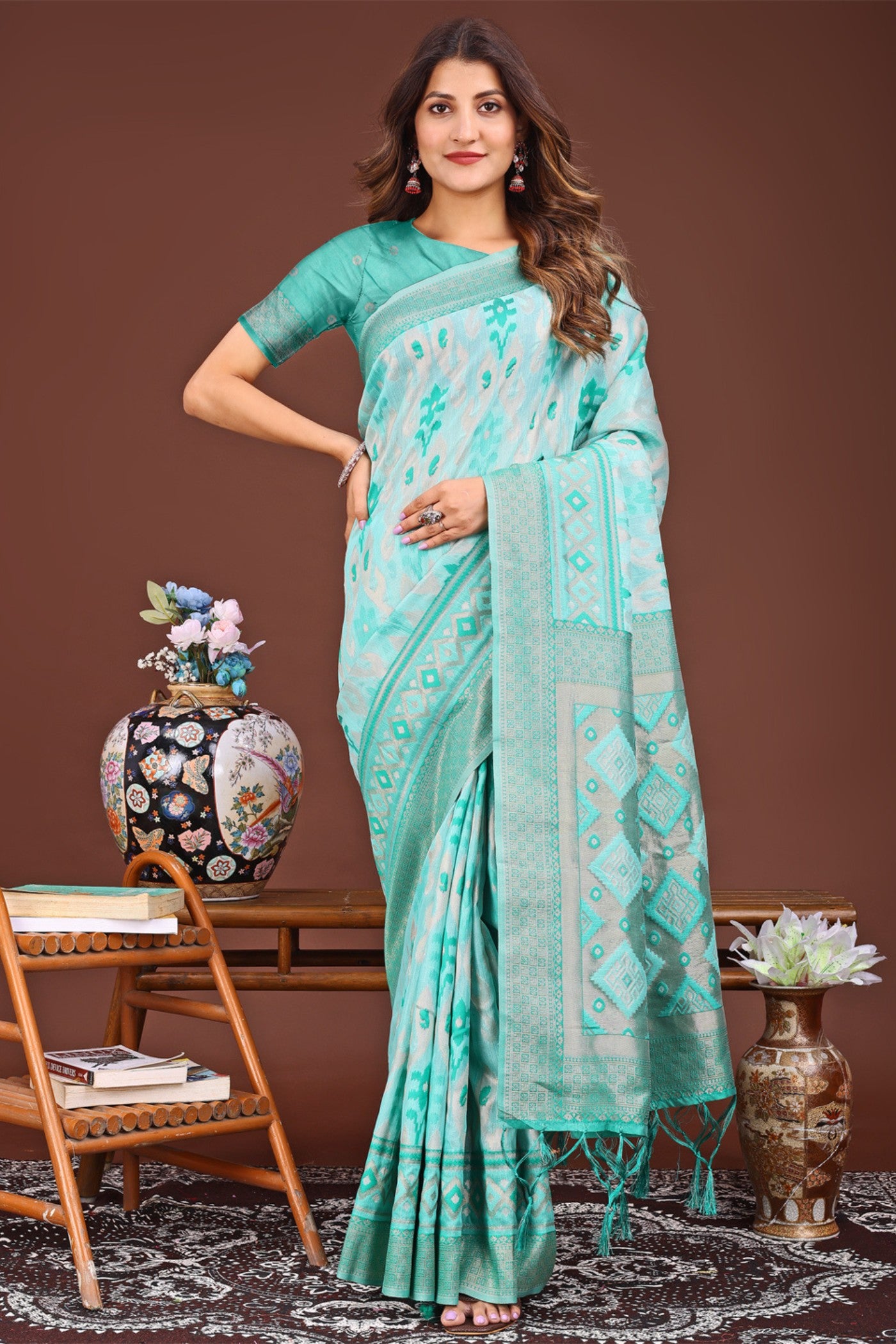 Buy MySilkLove Iris Light Blue Woven Linen Cotton Saree Online