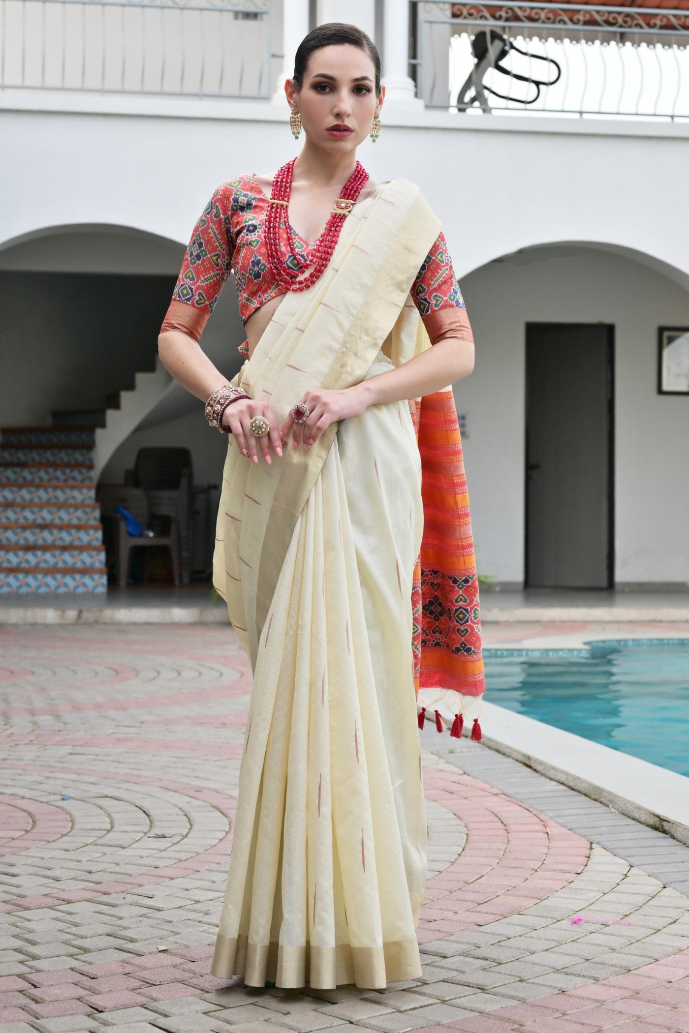 Buy MySilkLove Pearl White Meenakari Woven Patola Saree Online