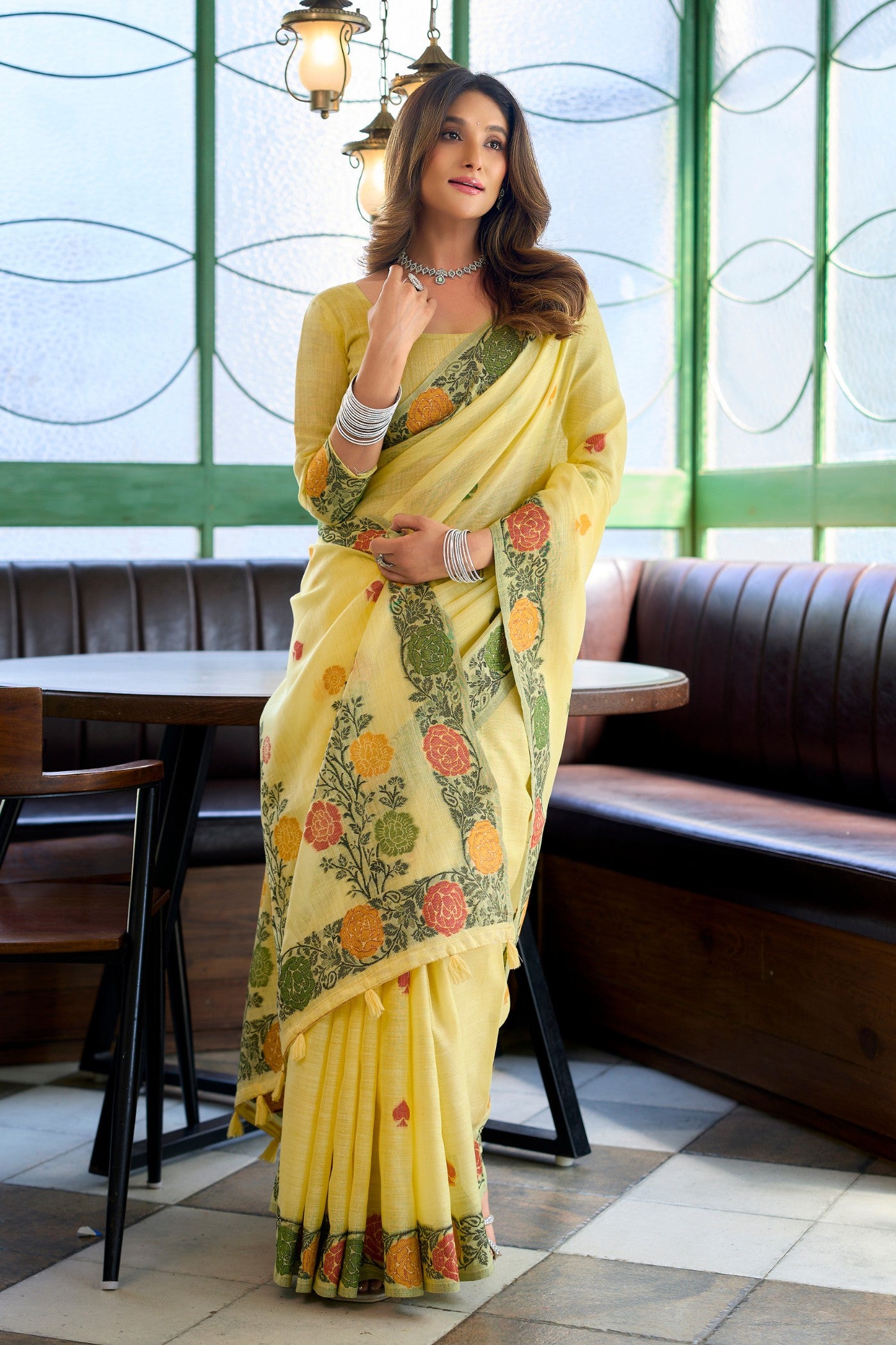 Buy MySilkLove Daffodil Yellow Floral Handloom Linen Saree Online