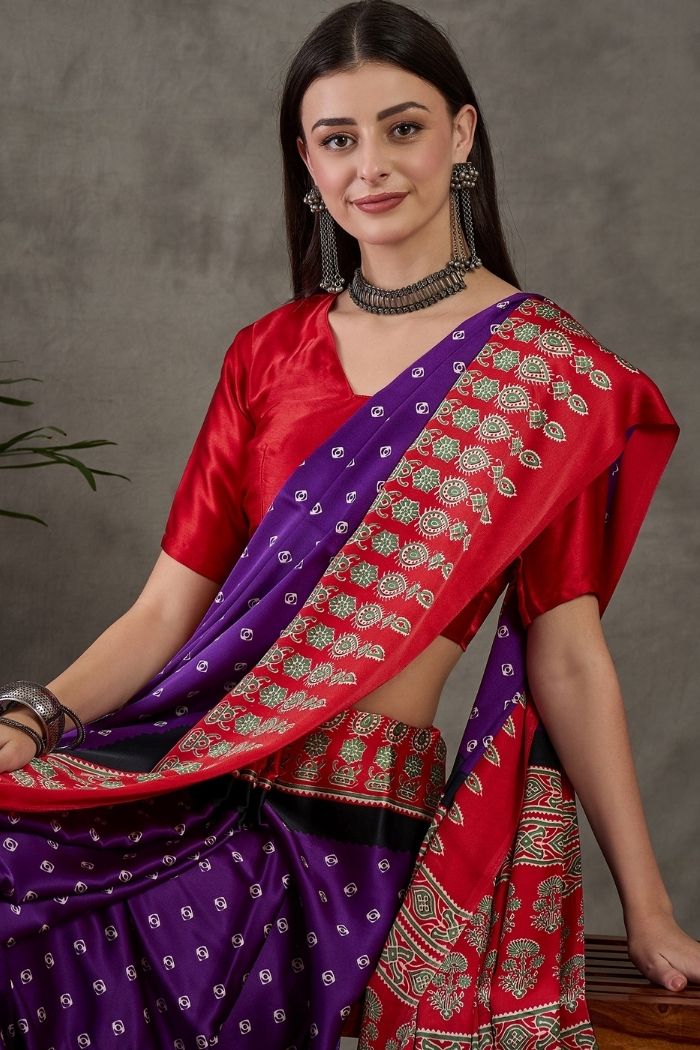 Buy MySilkLove Grape Purple and Red Ajrakh Printed Satin Gaji Silk Saree Online