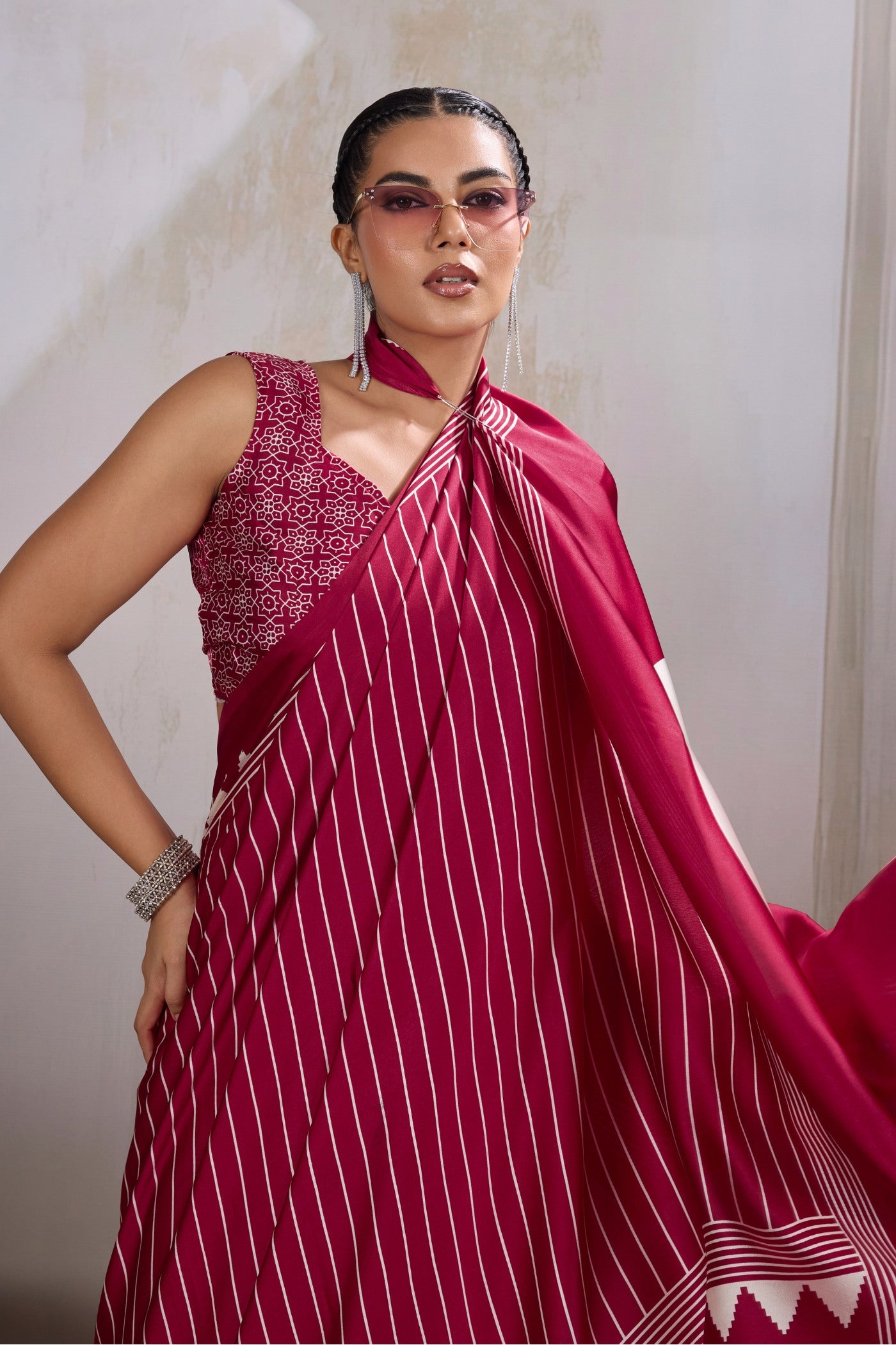 MySilkLove Raspberry Red Ajrakh Printed Satin Crepe Silk Saree