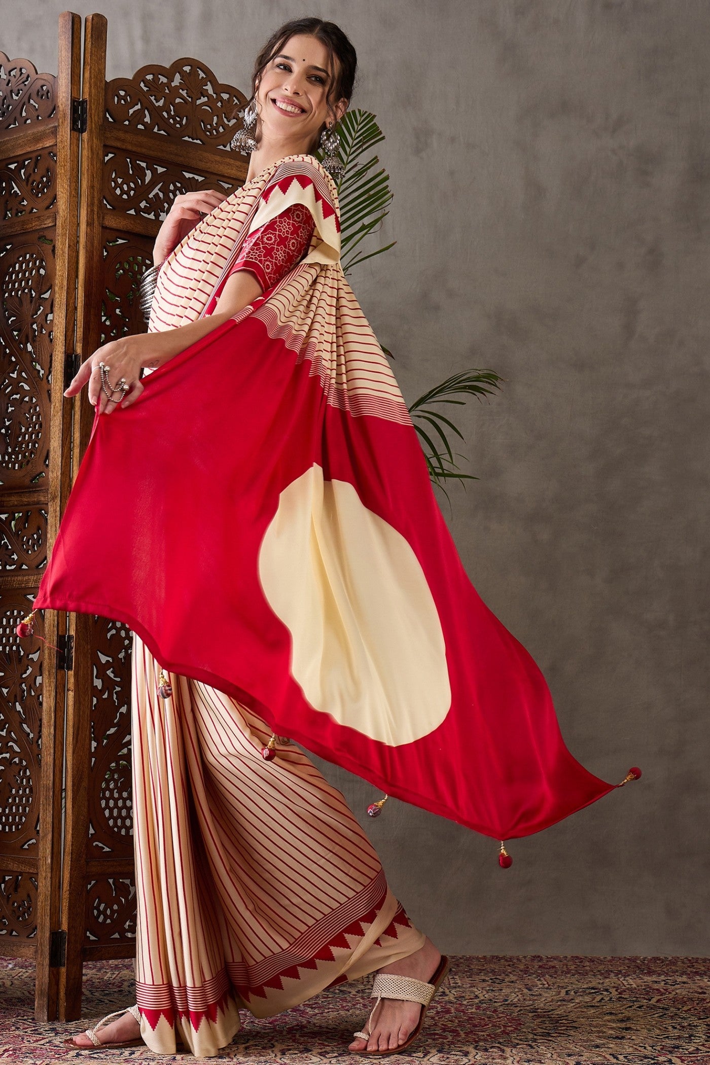 Buy MySilkLove Almond Cream and Red Printed Satin Gaji Silk Saree Online