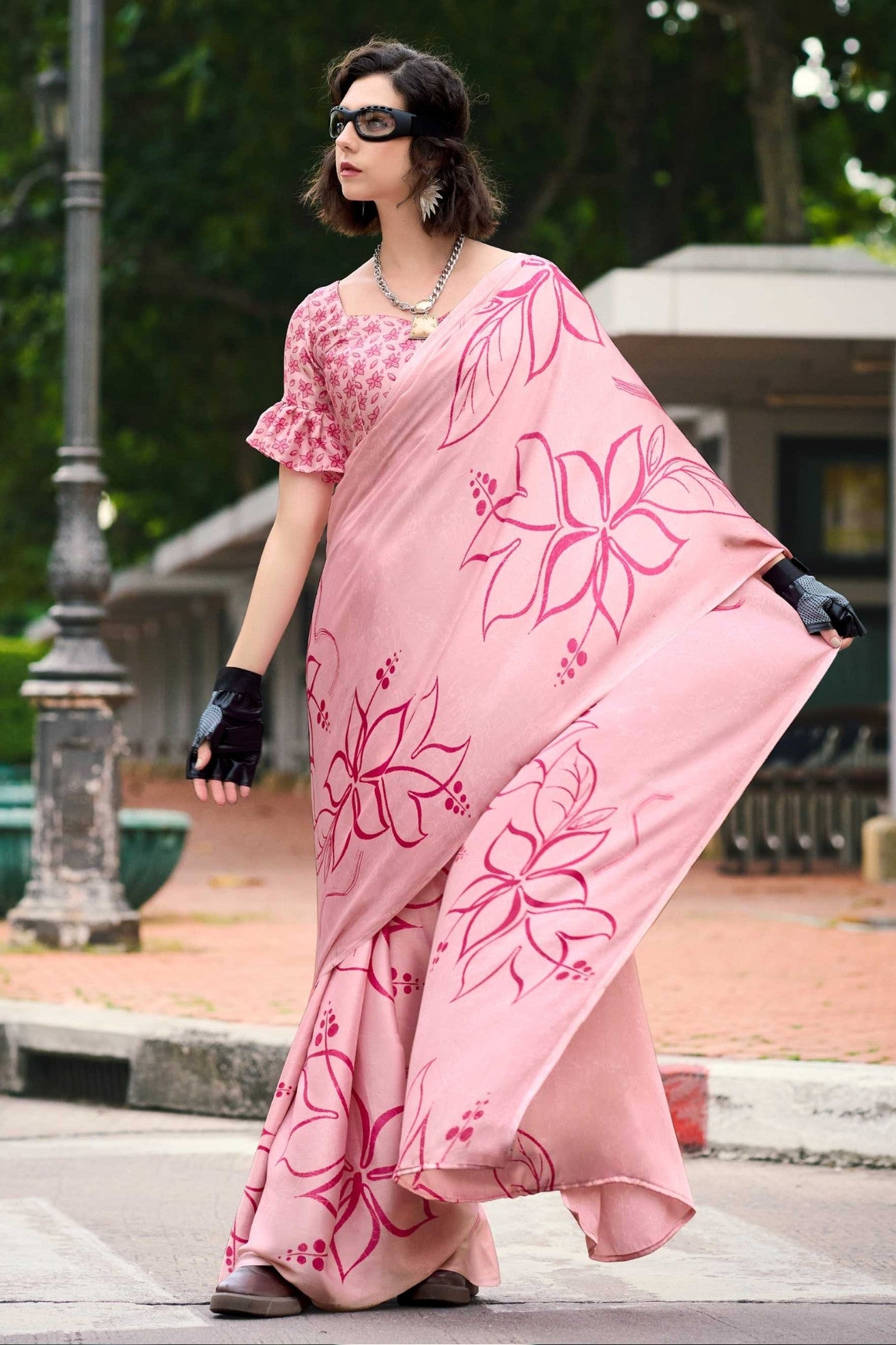 Buy MySilkLove Baby Pink Printed Satin Crepe Saree Online