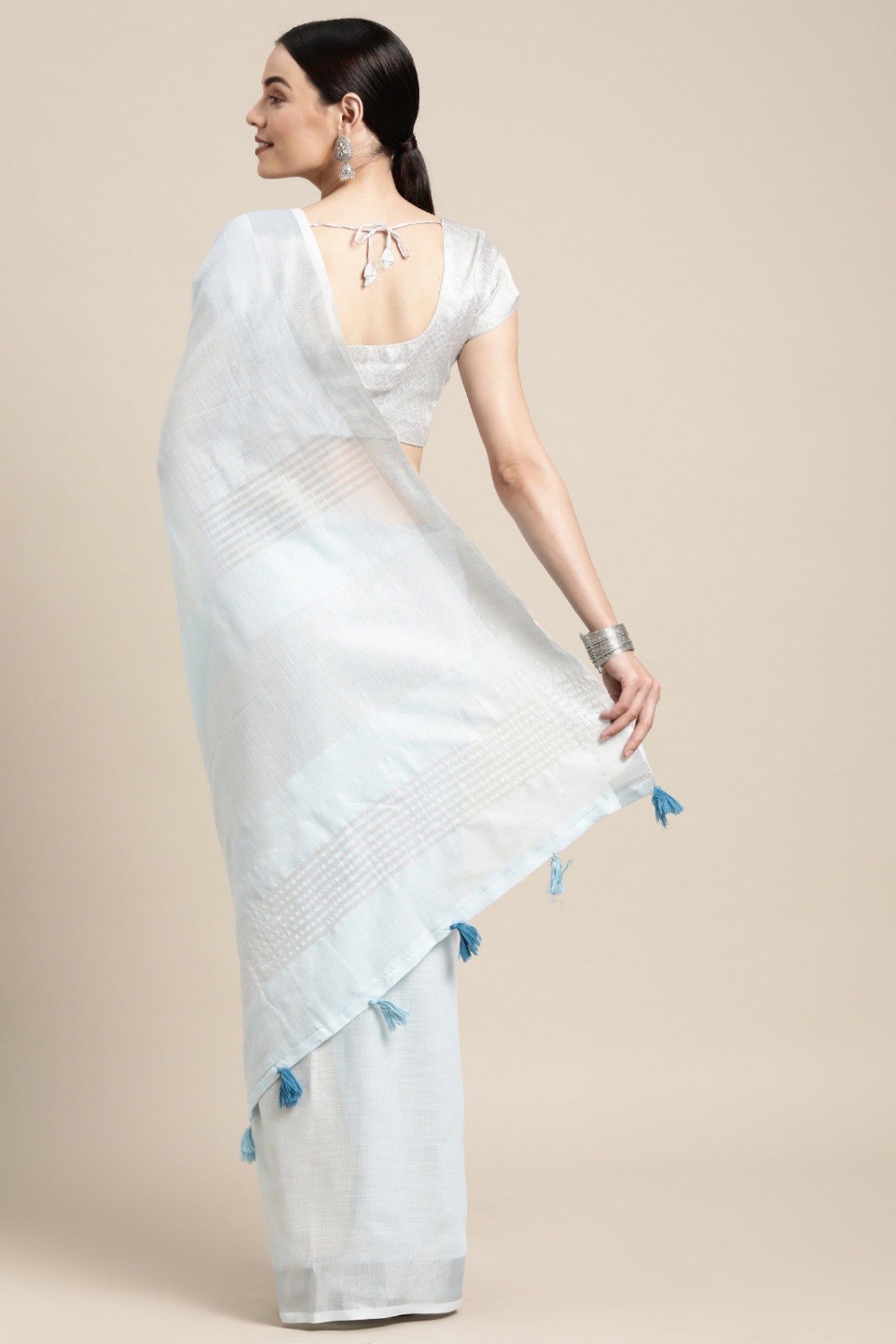 Buy MySilkLove Powder Blue Woven Linen Cotton Saree Online