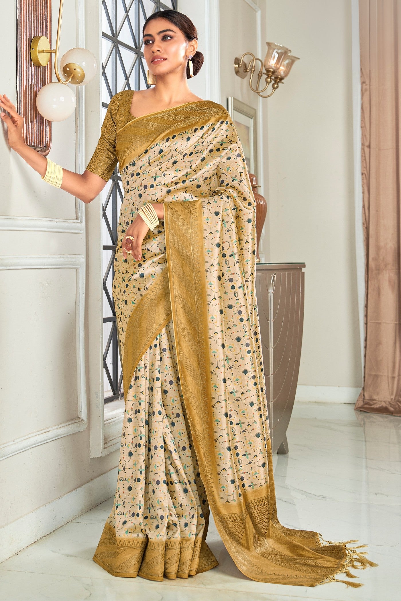 Buy MySilkLove Twine Cream and Yellow Digital Printed Banarasi Saree Online