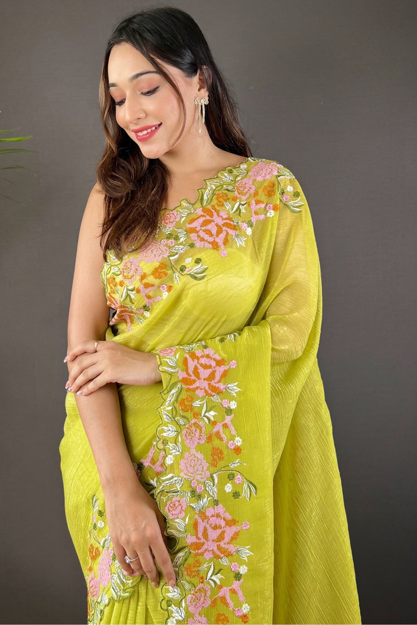 Buy MySilkLove Lwan Green Embroidered Party Wear Saree Online