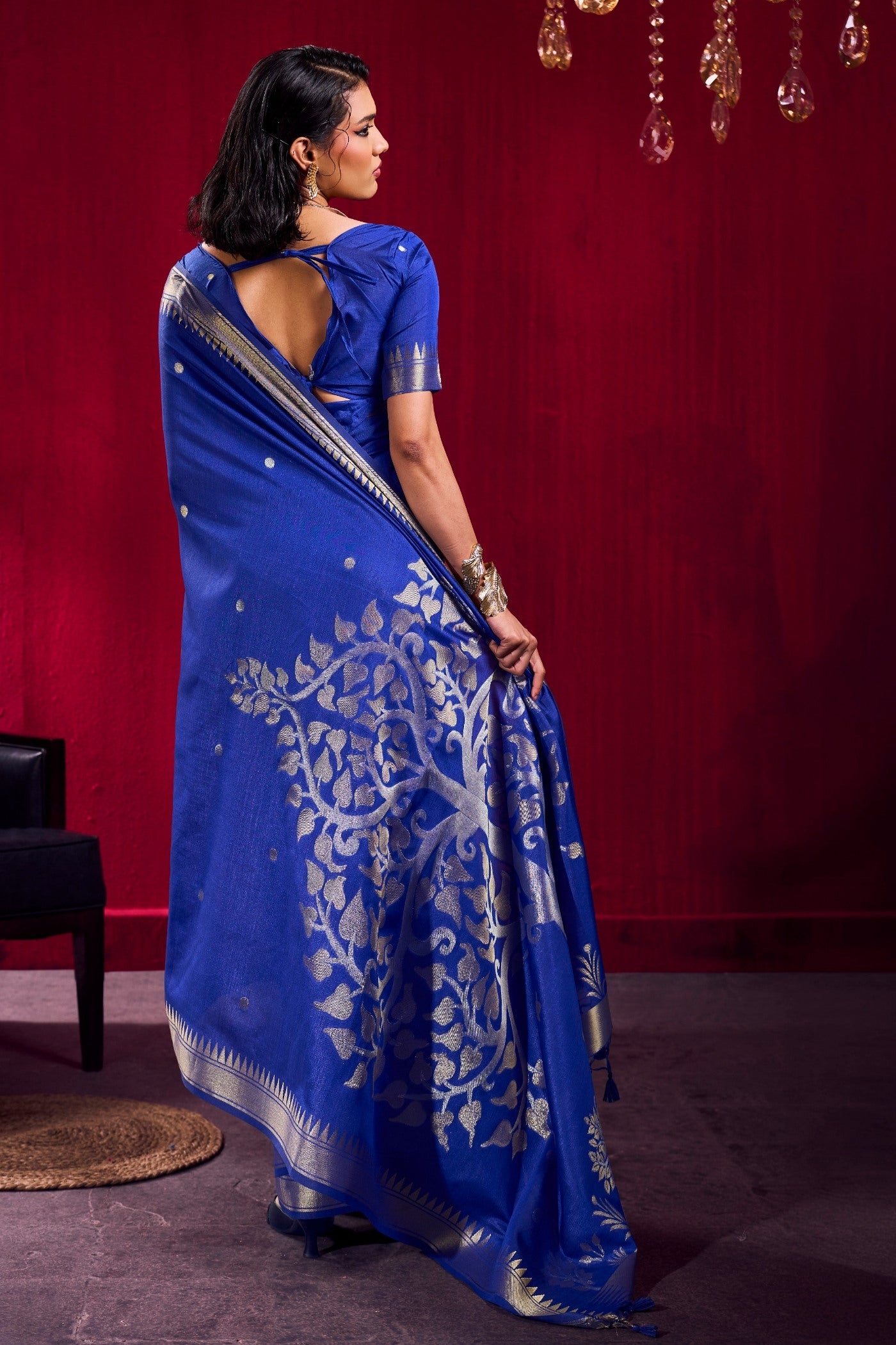 Buy MySilkLove Curious Blue Handloom Satin Linen Silk Saree Online