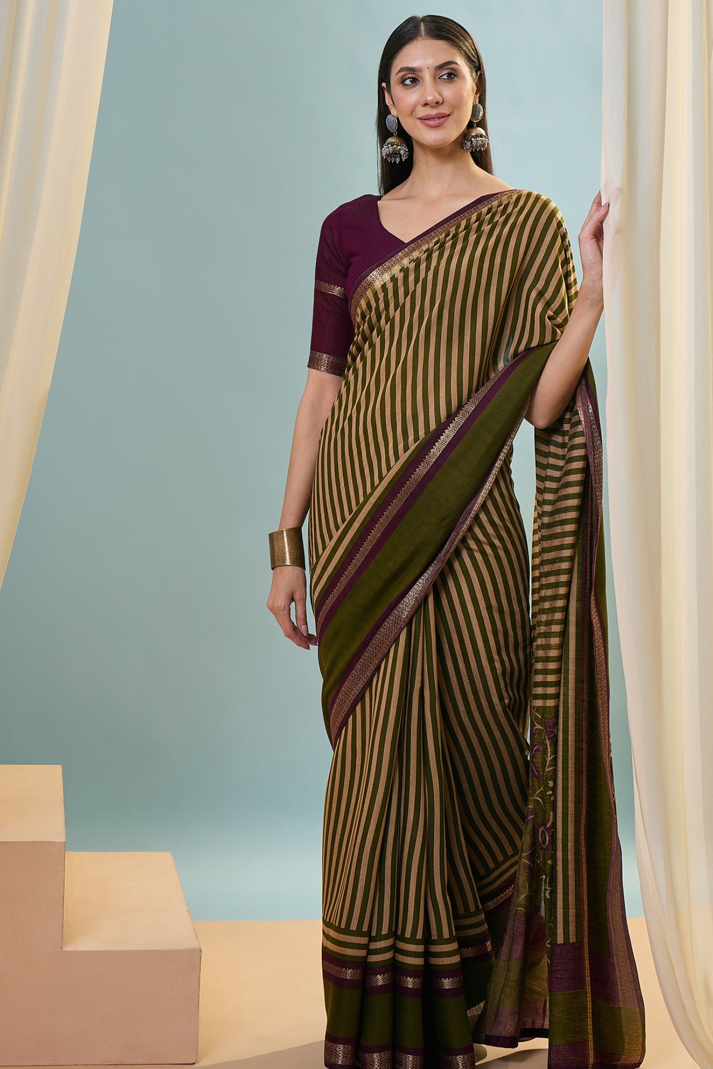 Buy MySilkLove Grass Green Woven Cotton Saree Online