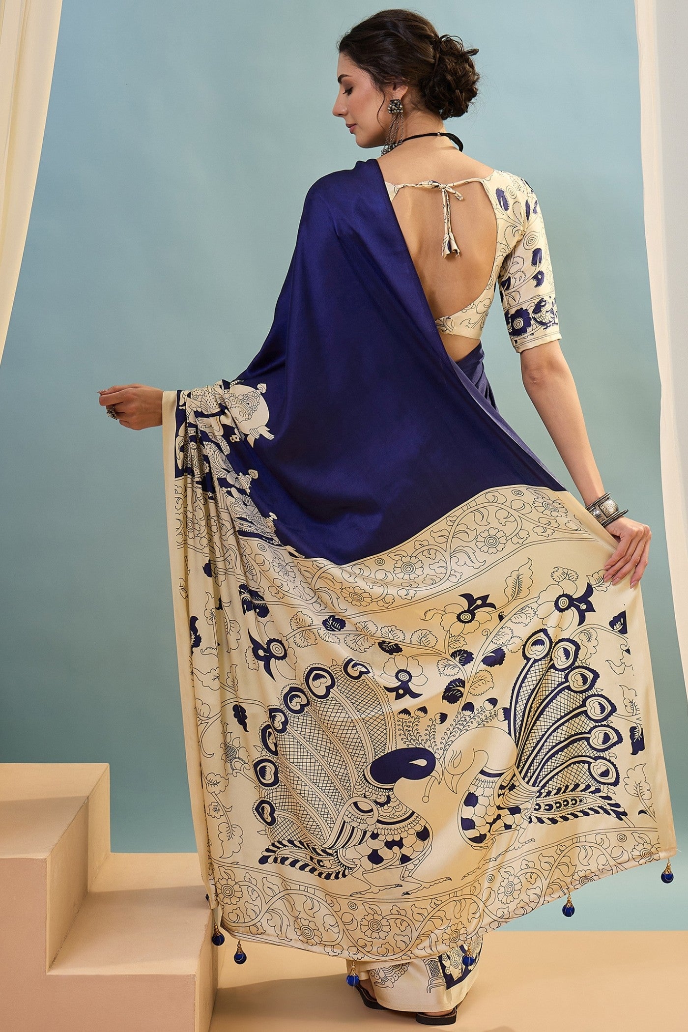 Buy MySilkLove Air Blue Ajrakh Printed Satin Crepe Silk Saree Online