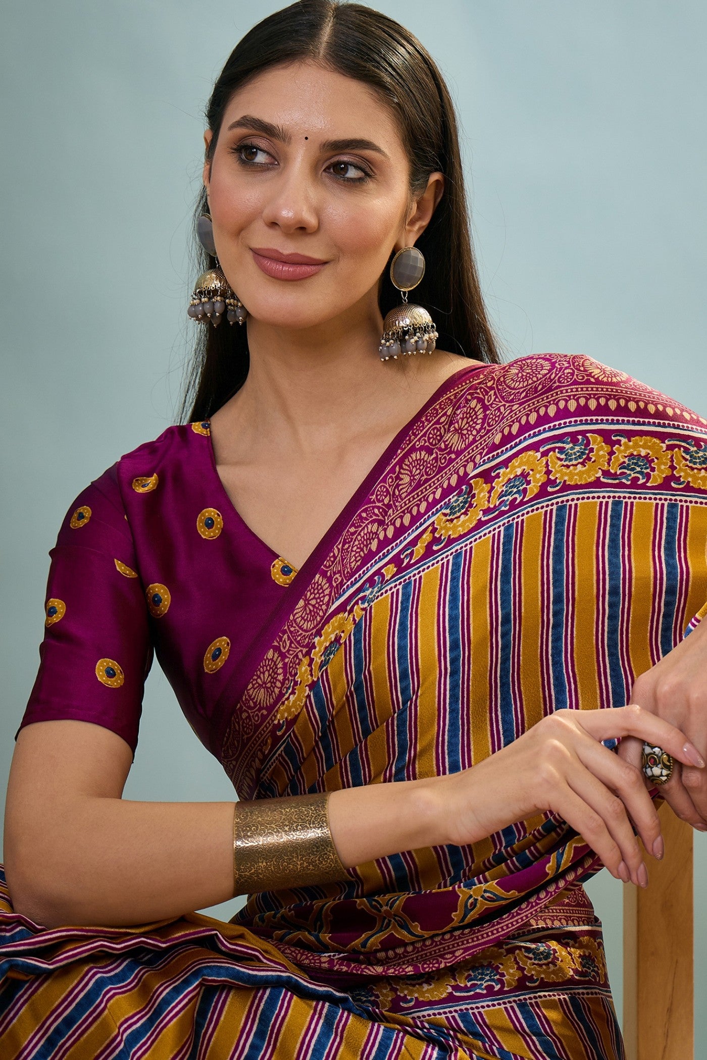 MySilkLove Vesper Purple Ajrakh Printed Satin Crepe Silk Saree