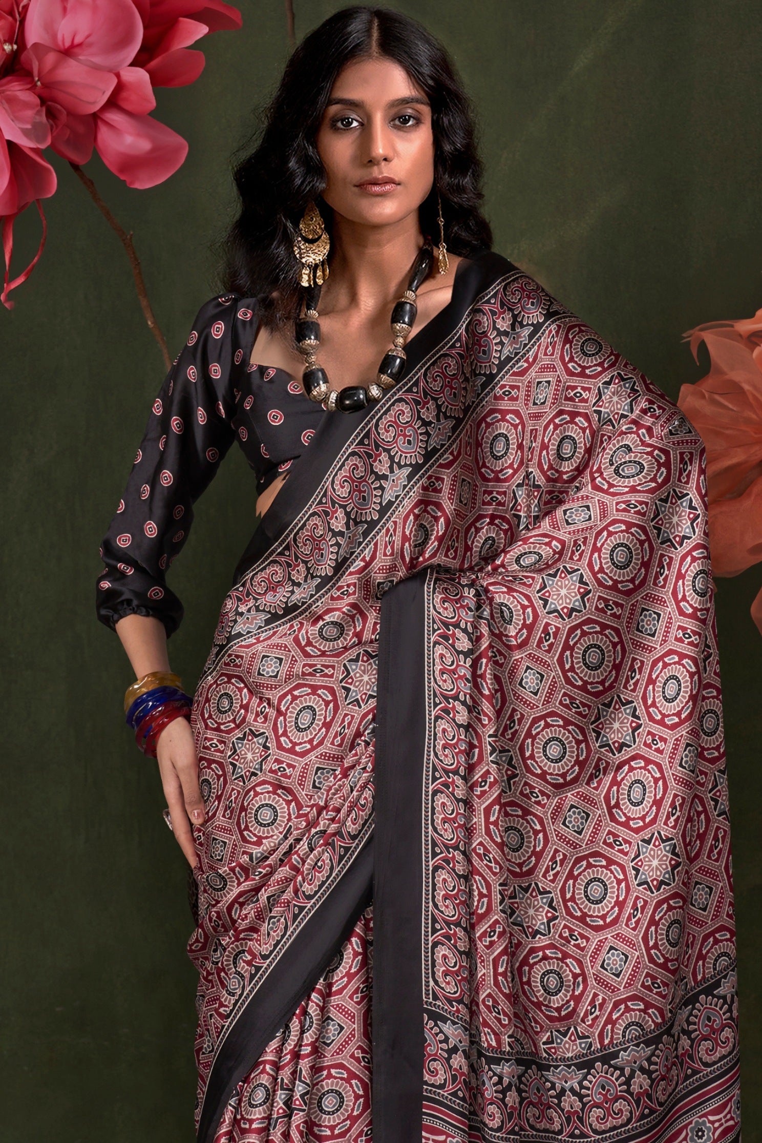Buy MySilkLove Currant Maroon and Black Ajrakh Printed Satin Crepe Silk Saree Online