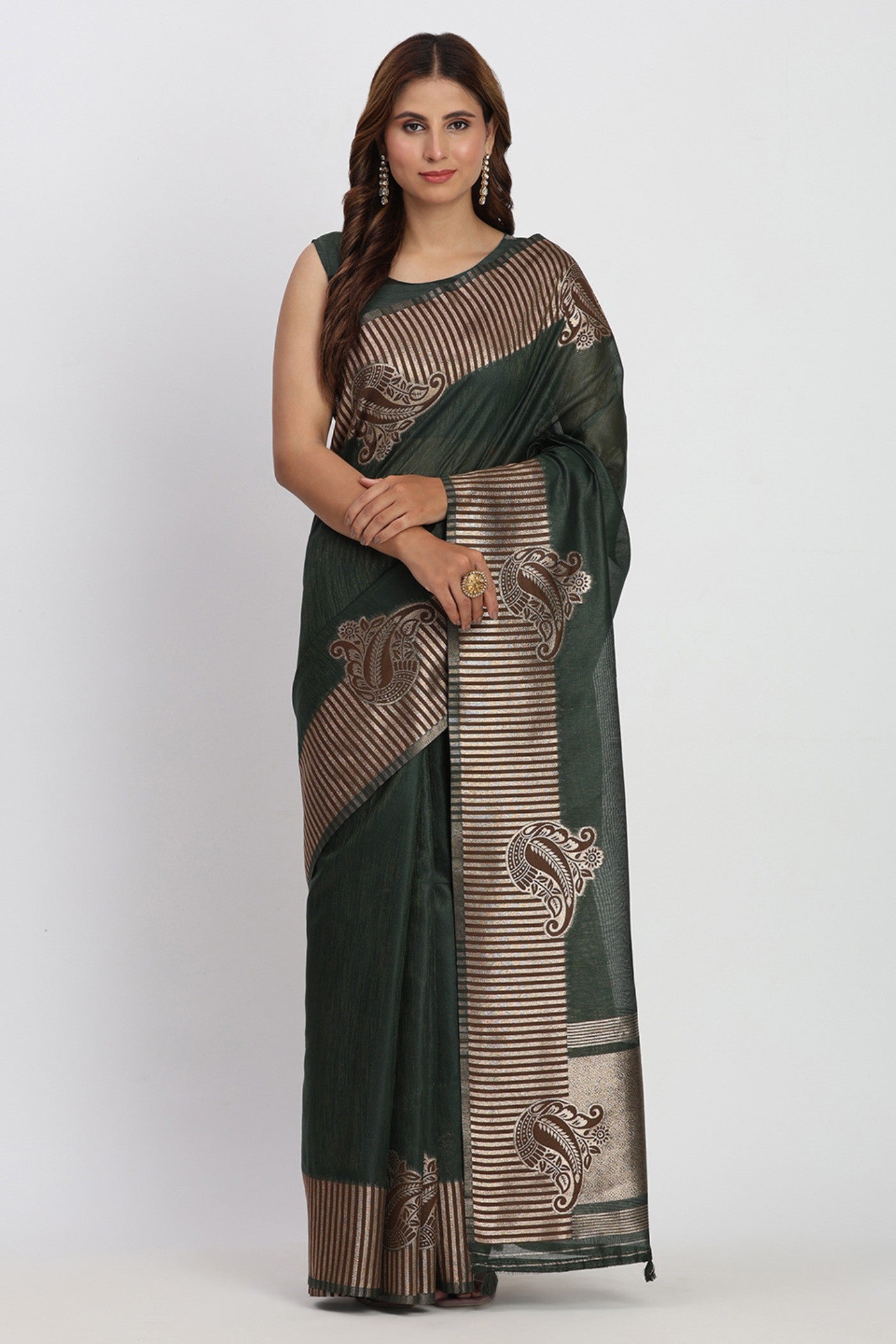 Buy MySilkLove Abbey Green Woven Linen Cotton Saree Online
