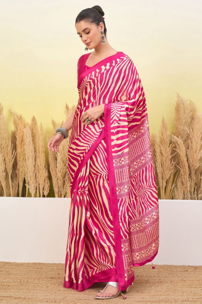 Buy MySilkLove Candy Pink Modal Ajrakh Satin Printed Silk Saree Online