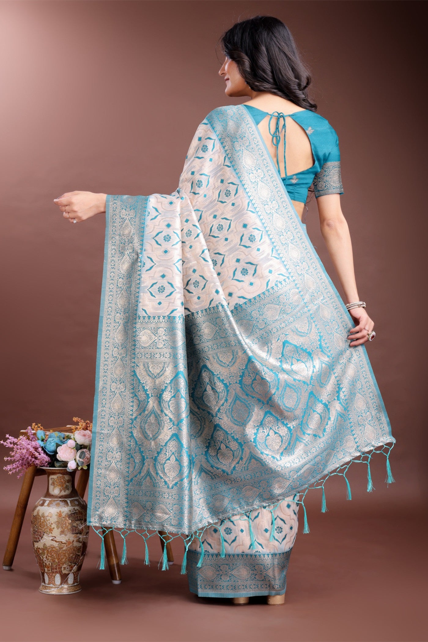 Buy MySilkLove Capri Blue and White Linen Cotton Saree Online