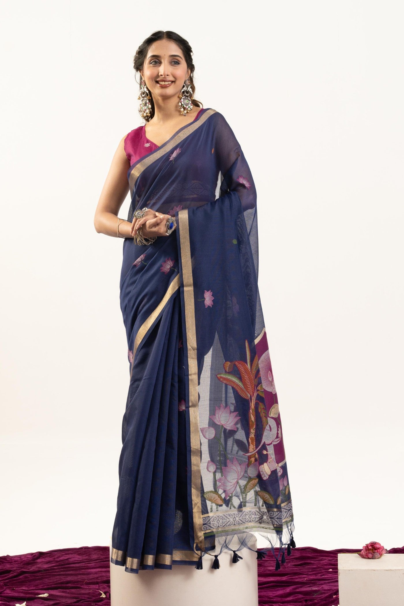 Buy MySilkLove Majesty Blue Woven Soft Muga Cotton Saree Online