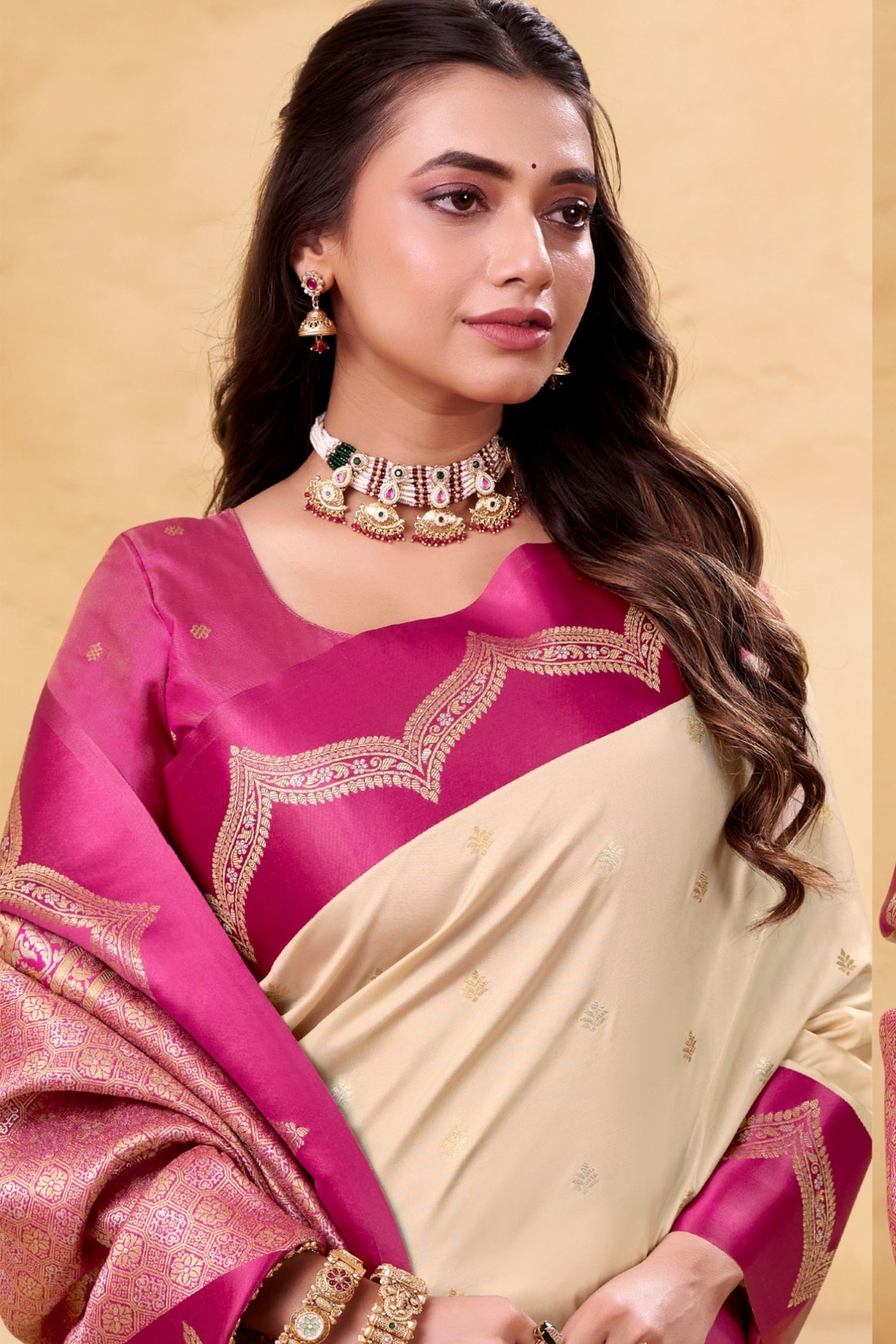 MySilkLove Parchment Cream Woven Banarasi Satin Soft Silk Saree