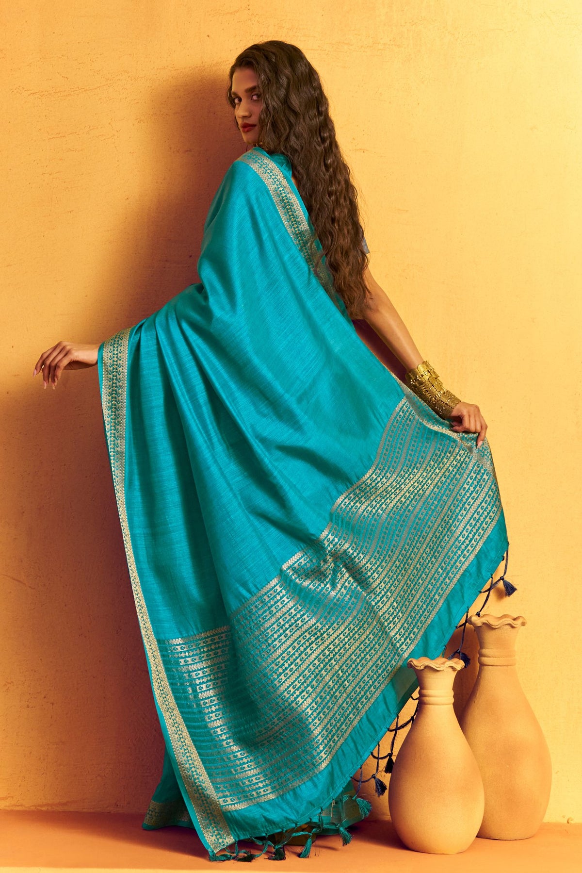 Buy MySilkLove Celtic Blue Tussar Handloom Silk Saree Online