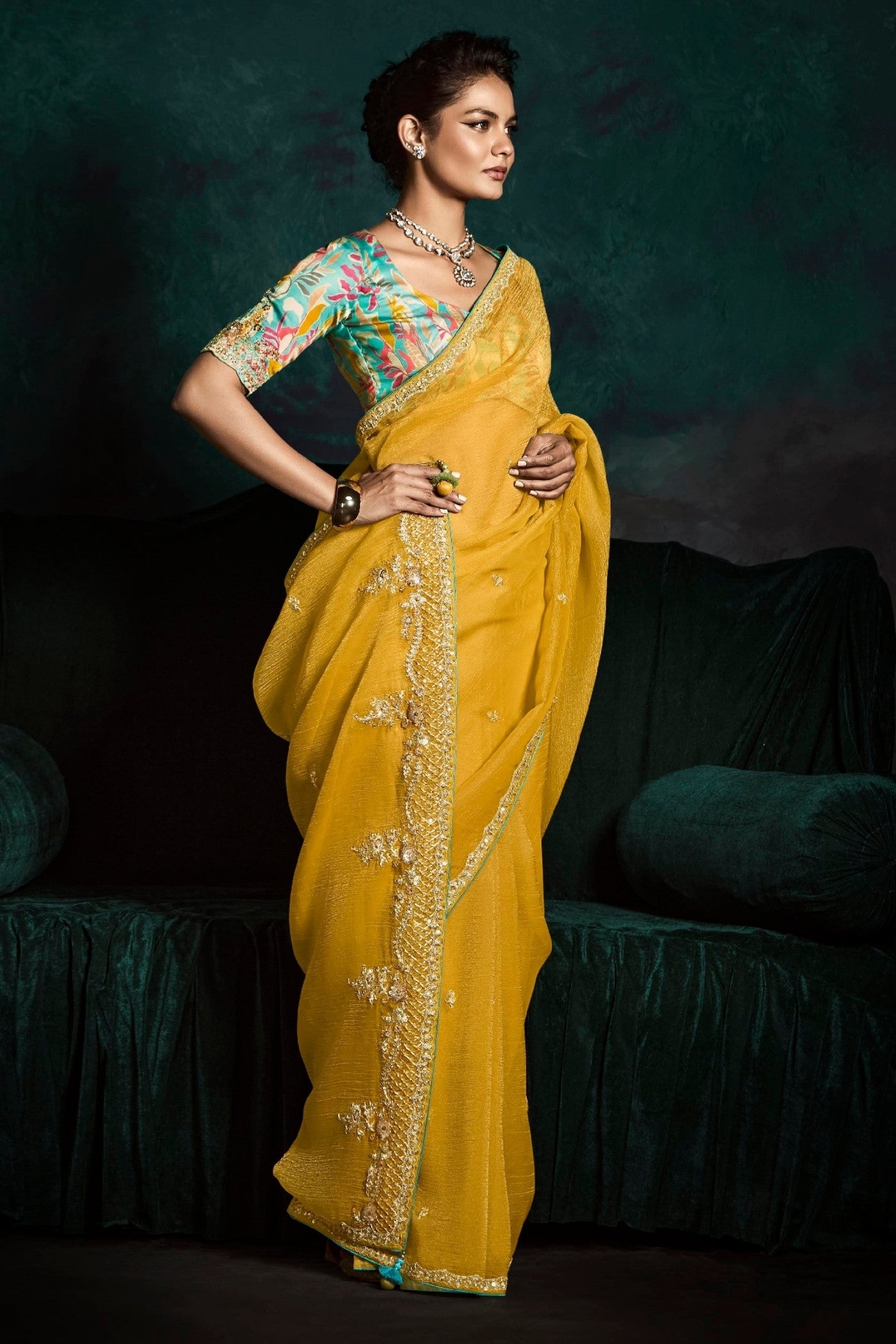 Buy MySilkLove Sun Yellow Embroidered Tissue Designer Saree Online