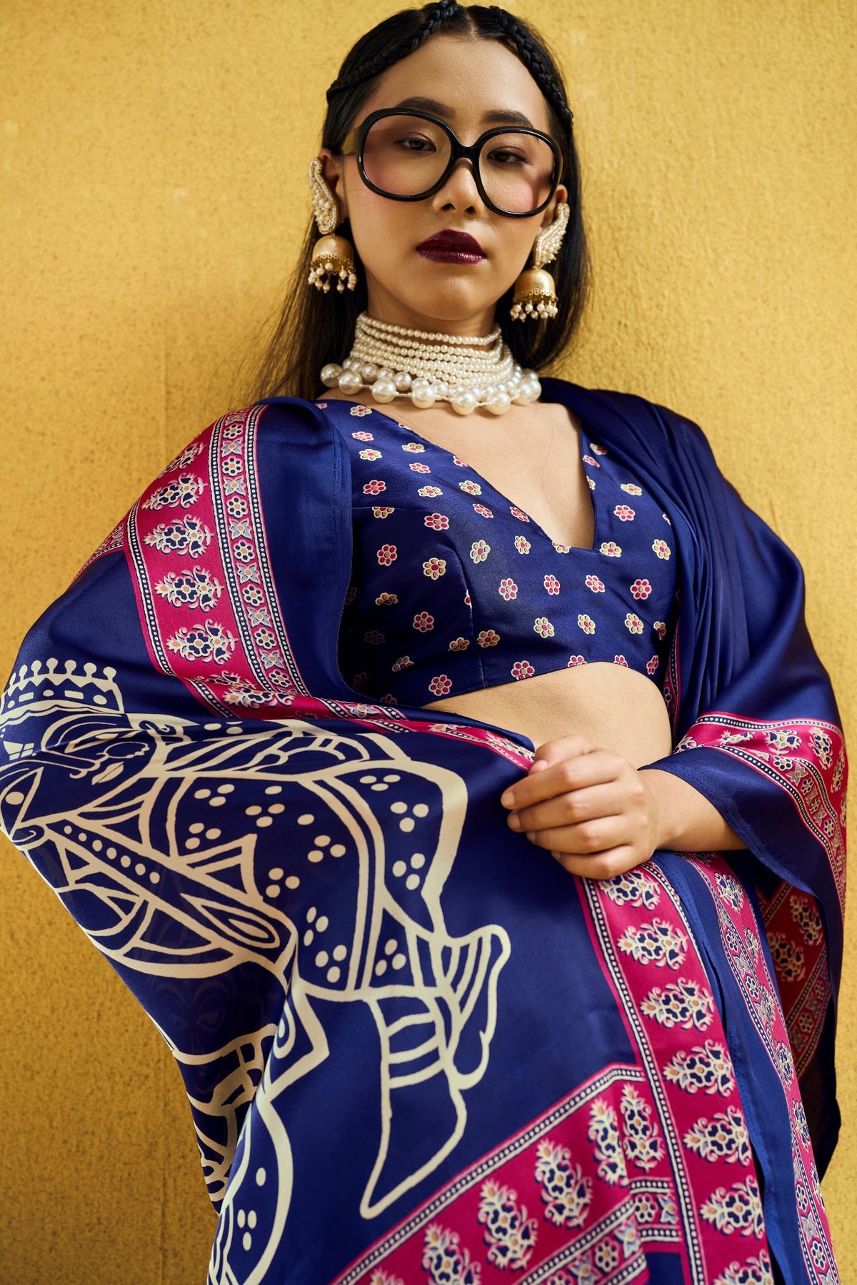 Buy MySilkLove Azure Blue Modal Ajrakh Satin Printed Silk Saree Online