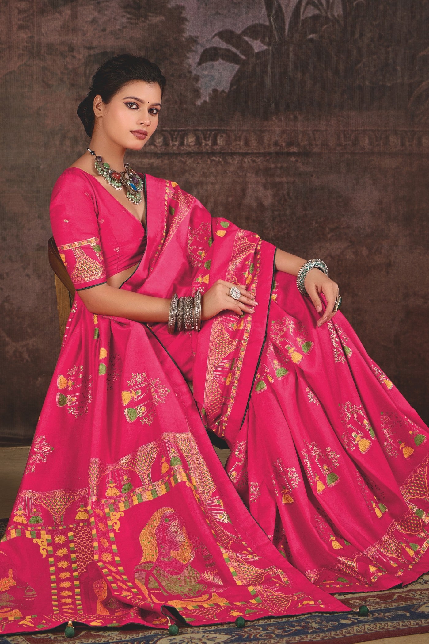 MySilkLove Rose Pink Tussar Rajwadi Printed Silk Saree