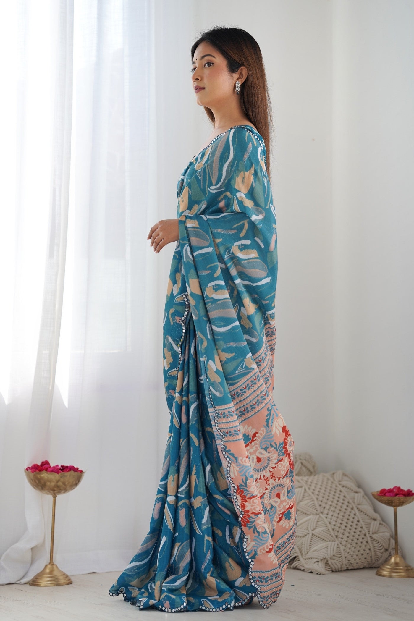 Buy MySilkLove Neptune Blue Digital Printed Chinon Saree Online