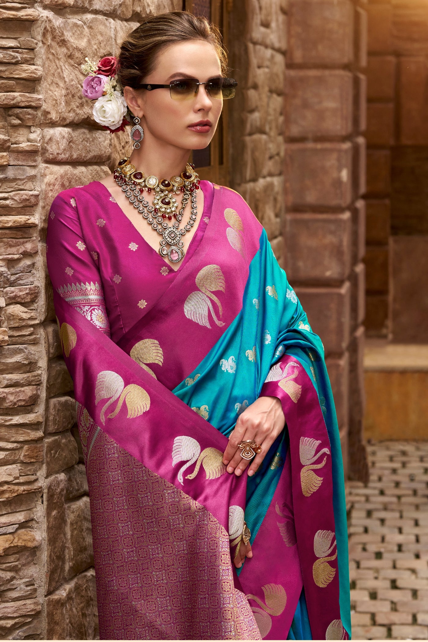 MySilkLove Windows Blue Woven Satin Soft Silk Saree