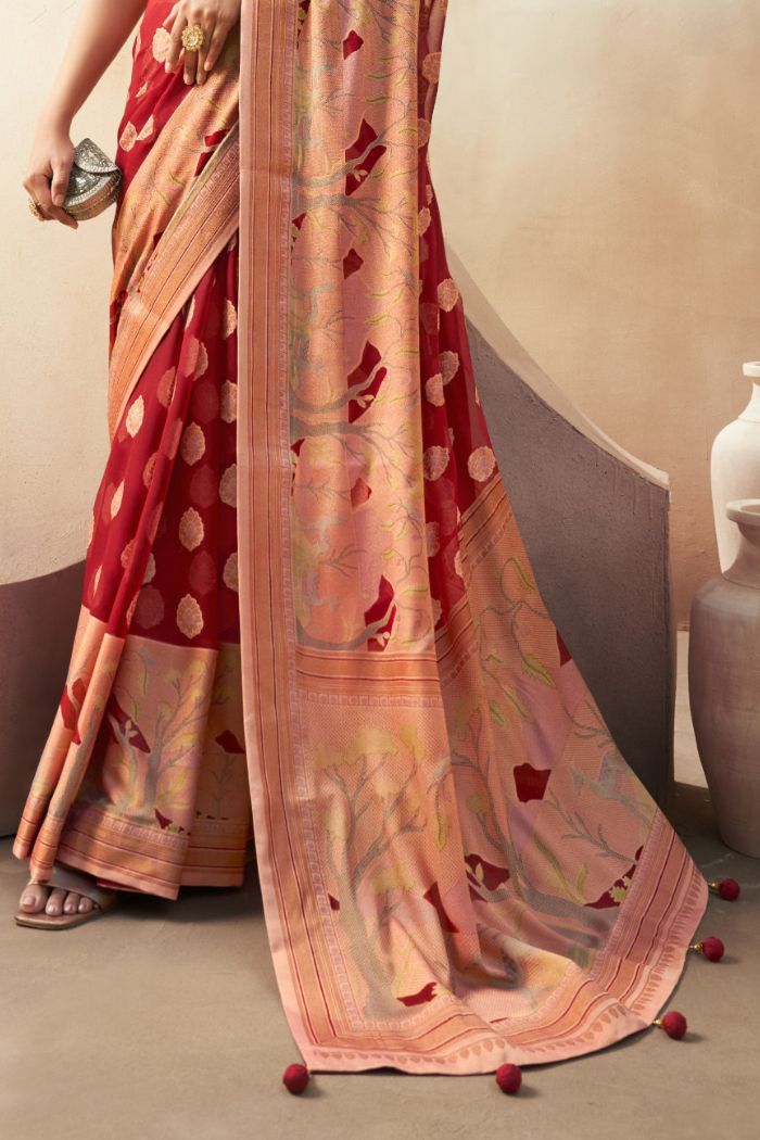 Buy MySilkLove Tall Poppy Red Woven Georgette saree Online