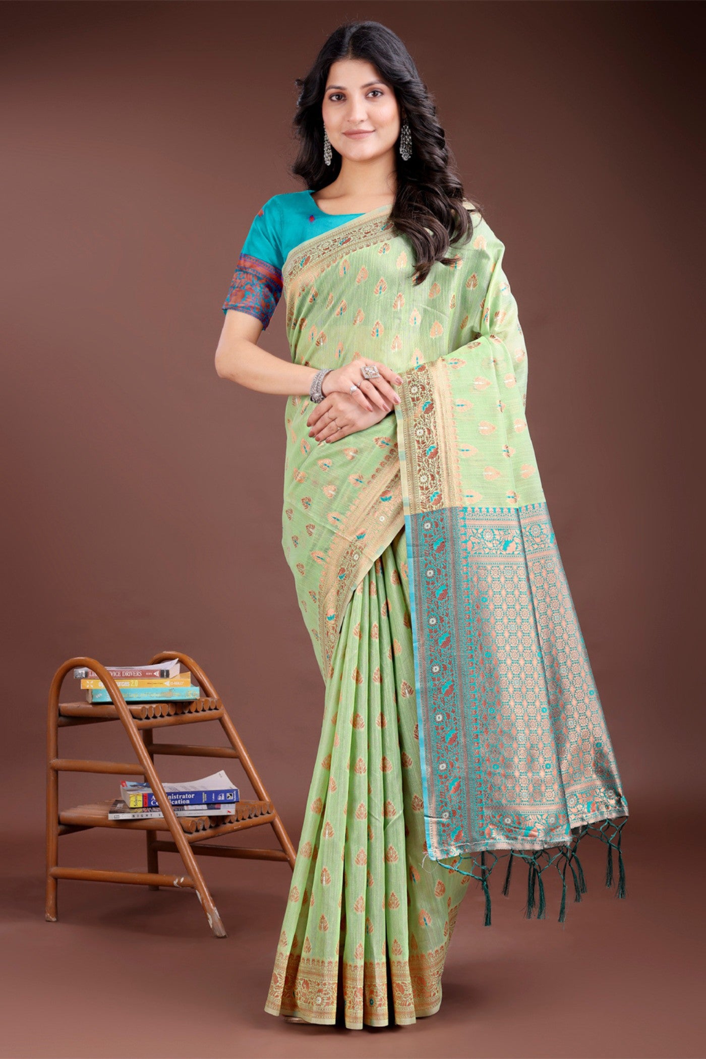 Buy MySilkLove Mantis Green Linen Cotton Saree Online