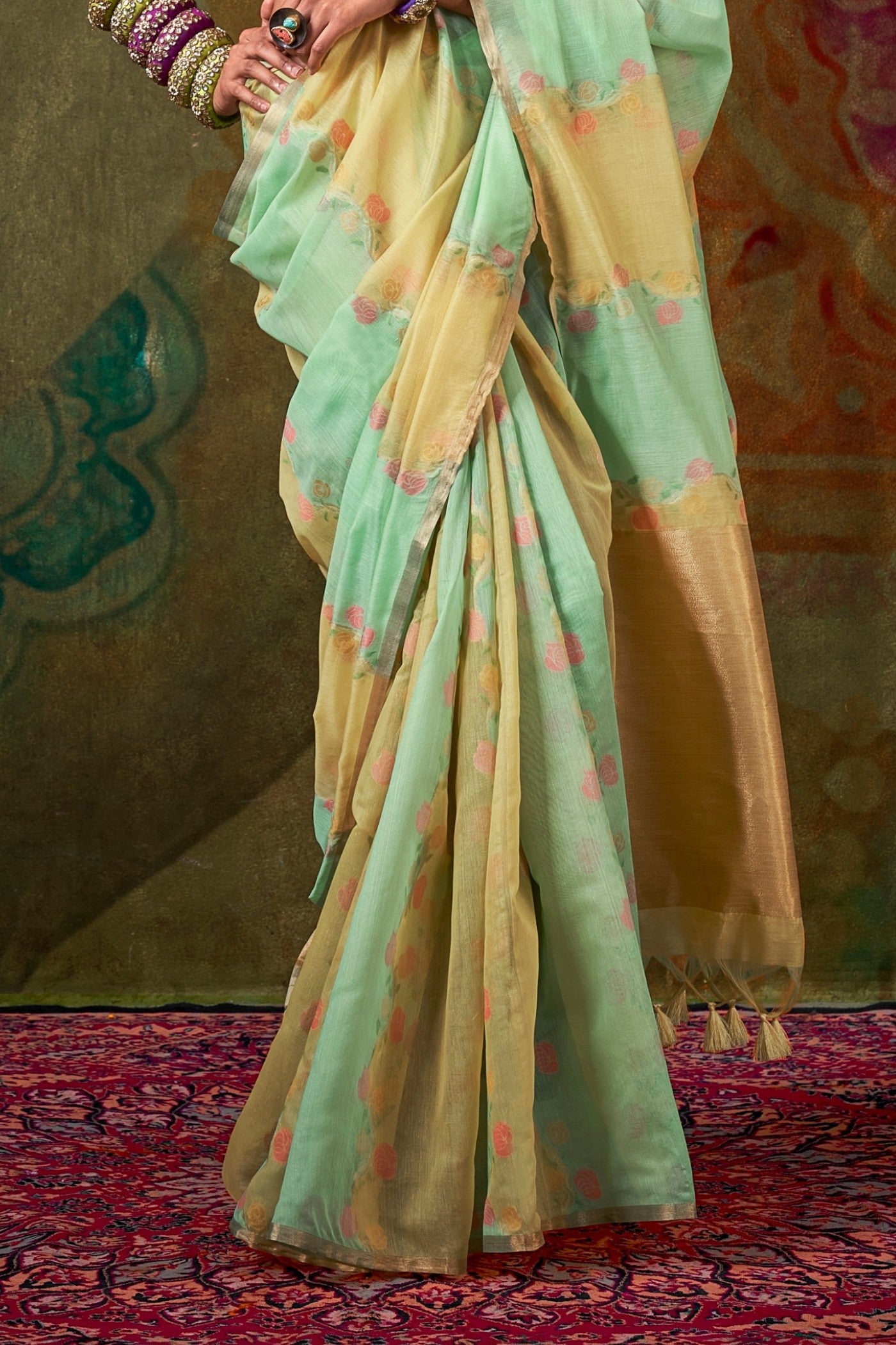 Buy MySilkLove Hillary Green and Yellow Banarasi Handloom Saree Online