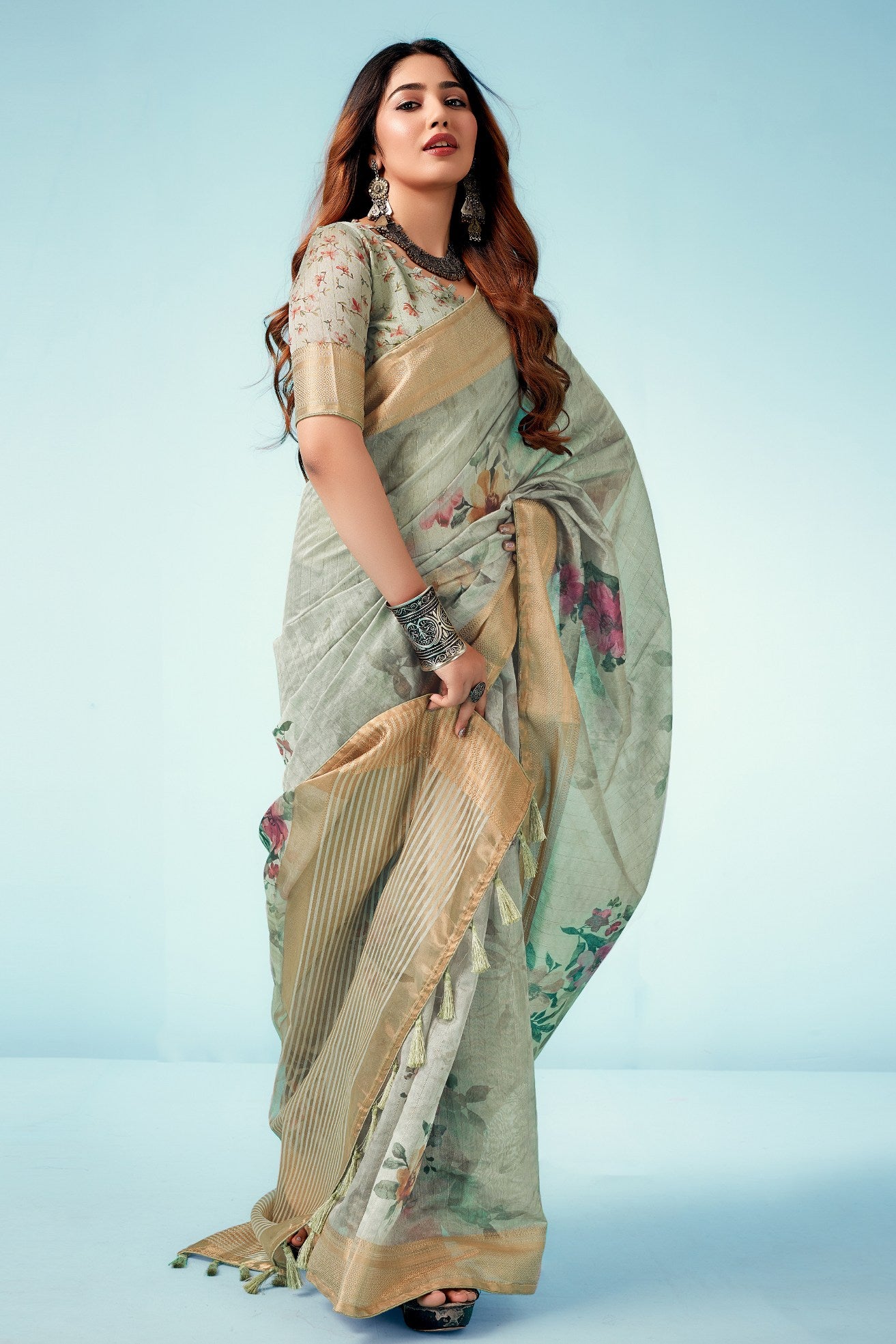 Buy MySilkLove Tallow Green Floral Linen Saree Online