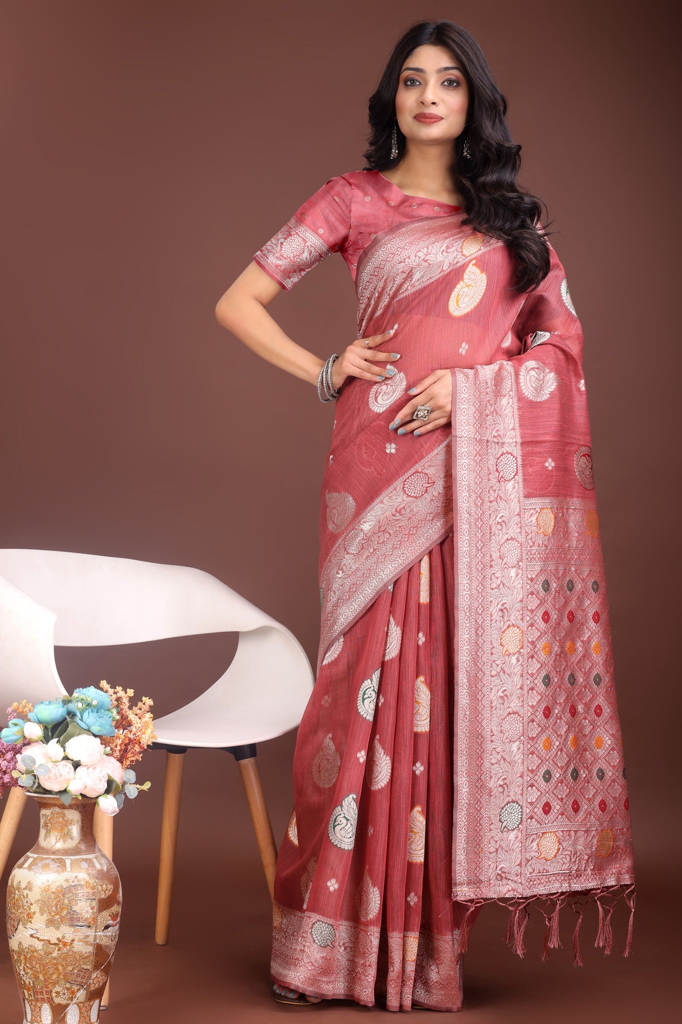 Buy MySilkLove Warm Peach Linen Cotton Saree Online