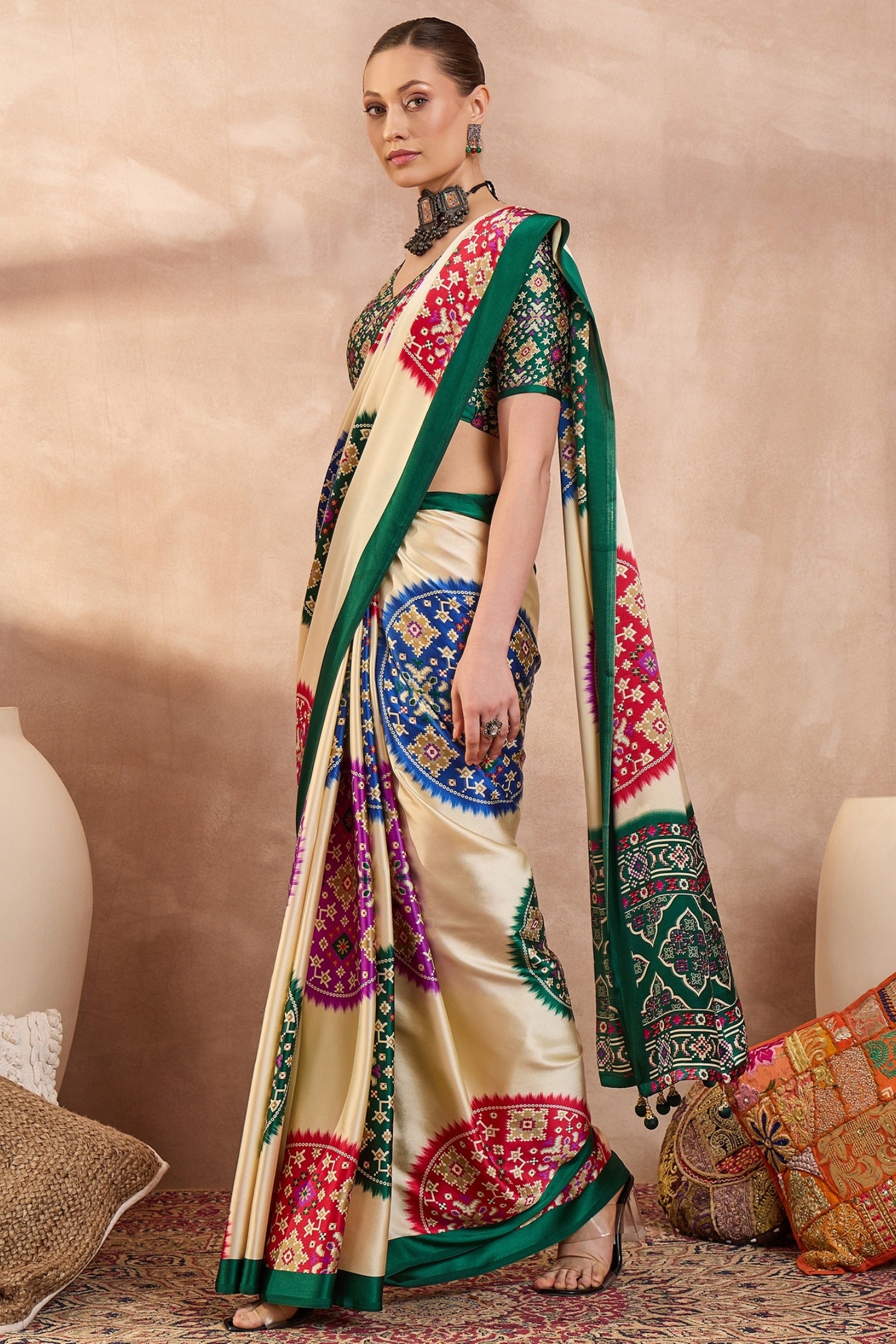 Buy MySilkLove Buttery Cream and Green Modal Ajrakh Printed Silk Saree Online