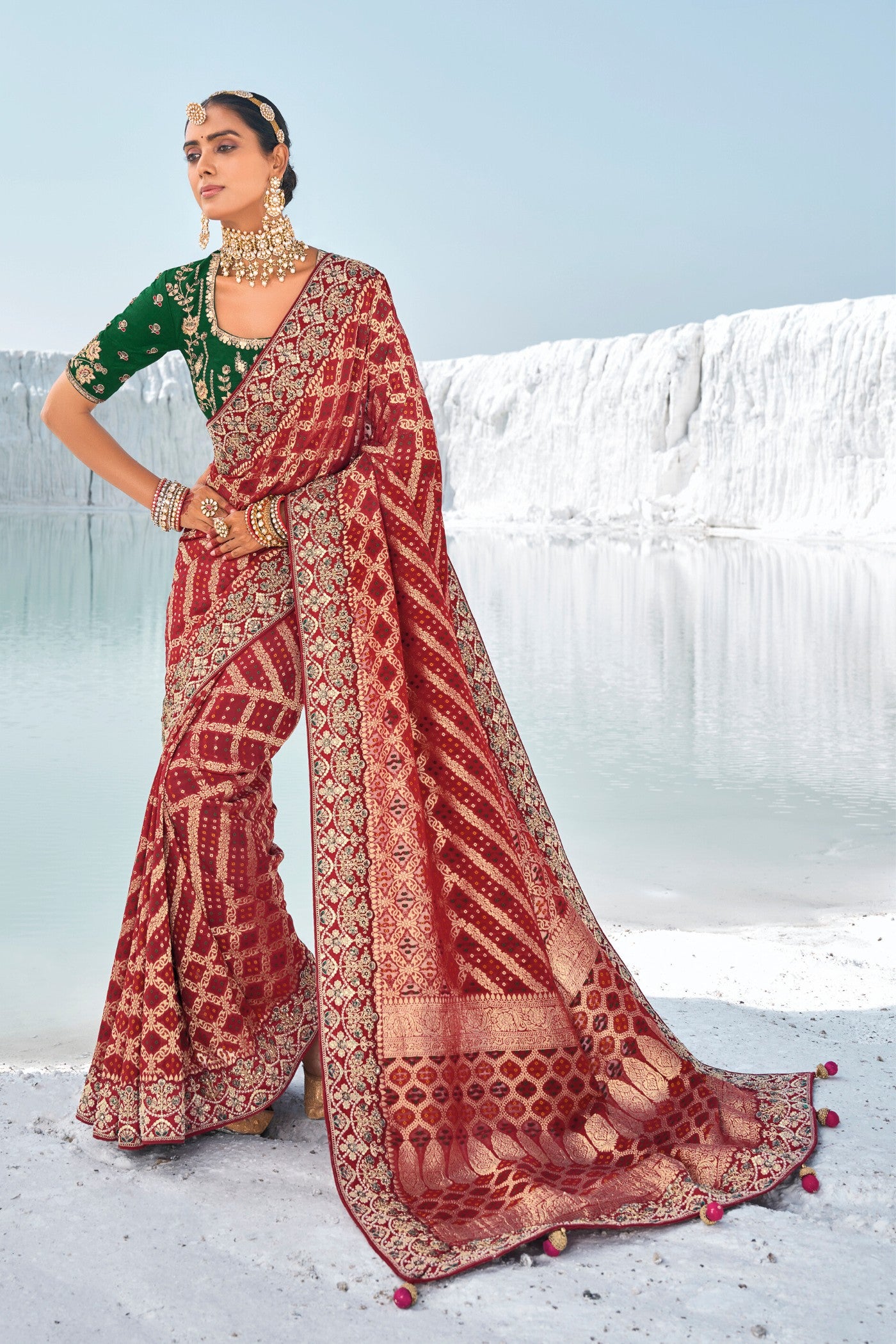 Buy MySilkLove Hot Red Fire Georgette Patola Saree Online