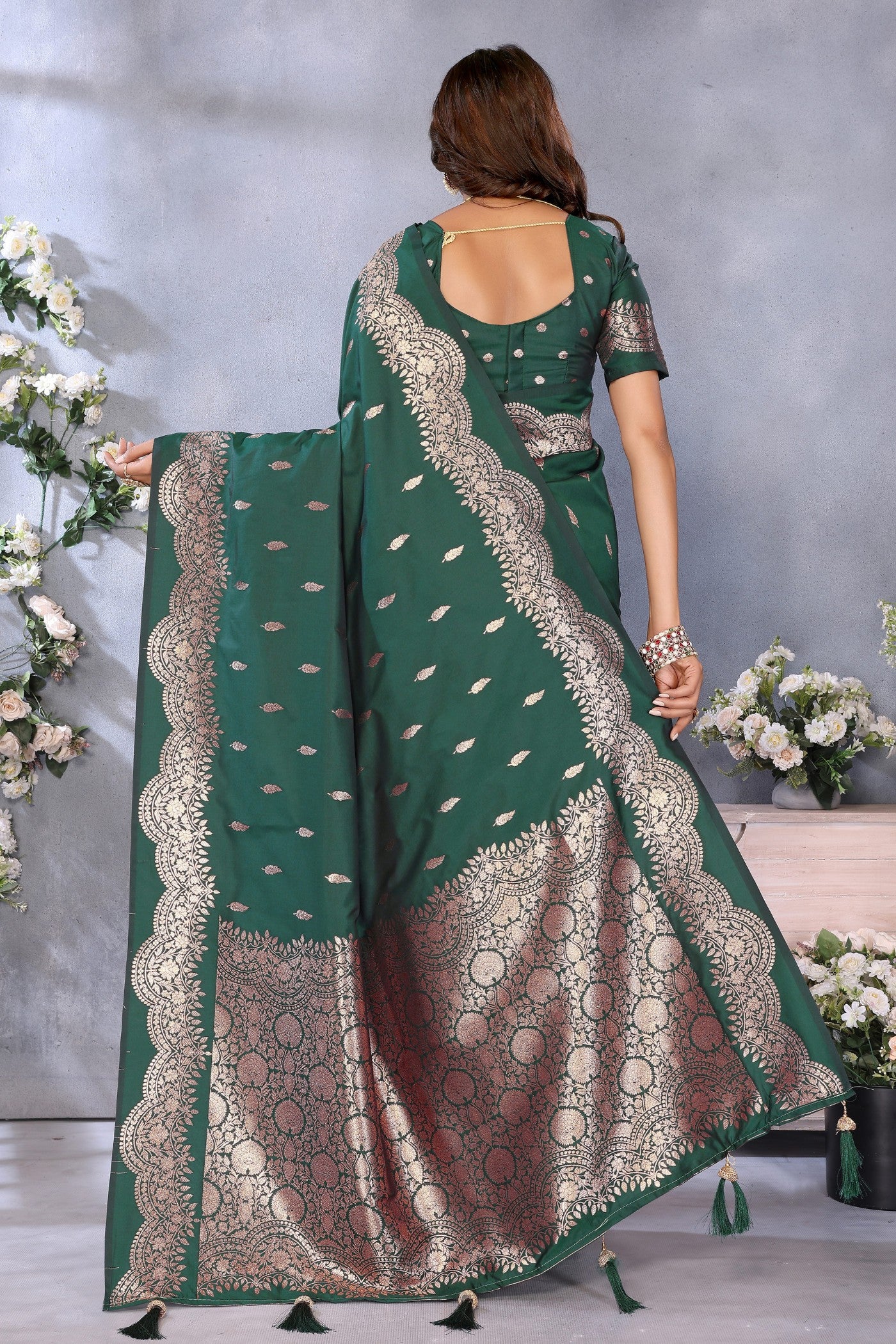 Buy MySilkLove Bottle Green Woven Banarasi Saree Online
