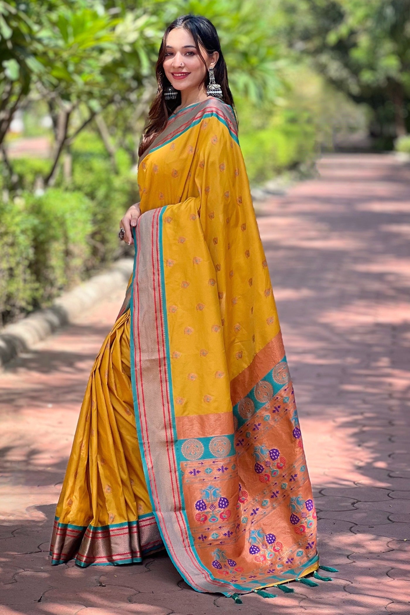 Buy MySilkLove Pizza Yellow Woven Paithani Saree Online