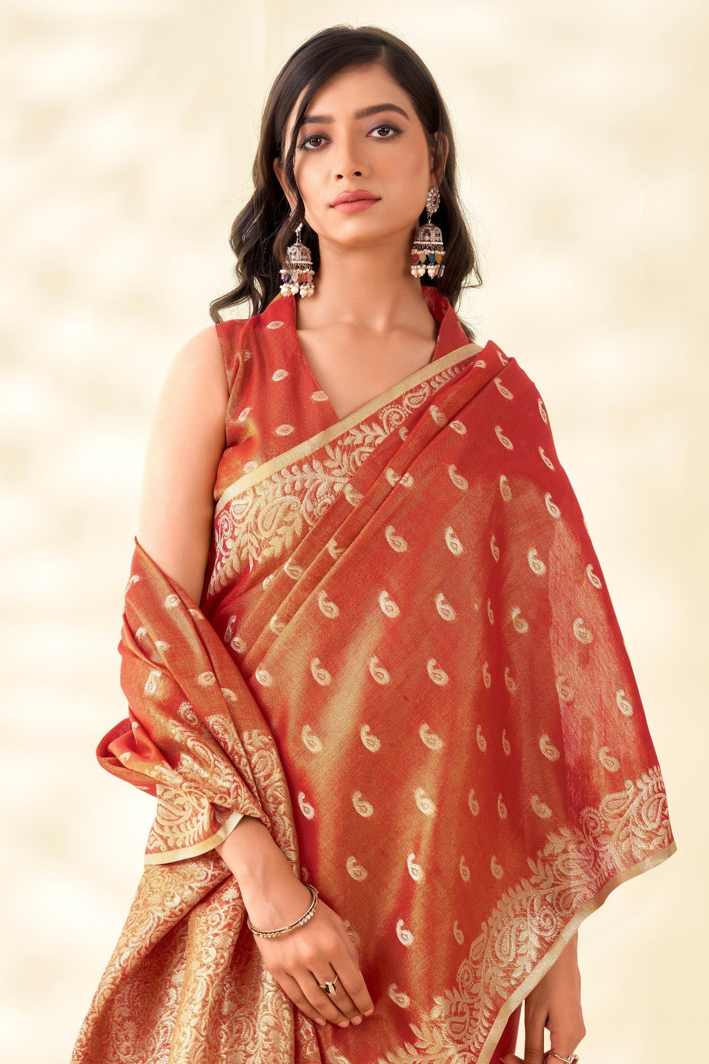 MySilkLove Coral Orange Woven Tissue Linen Saree