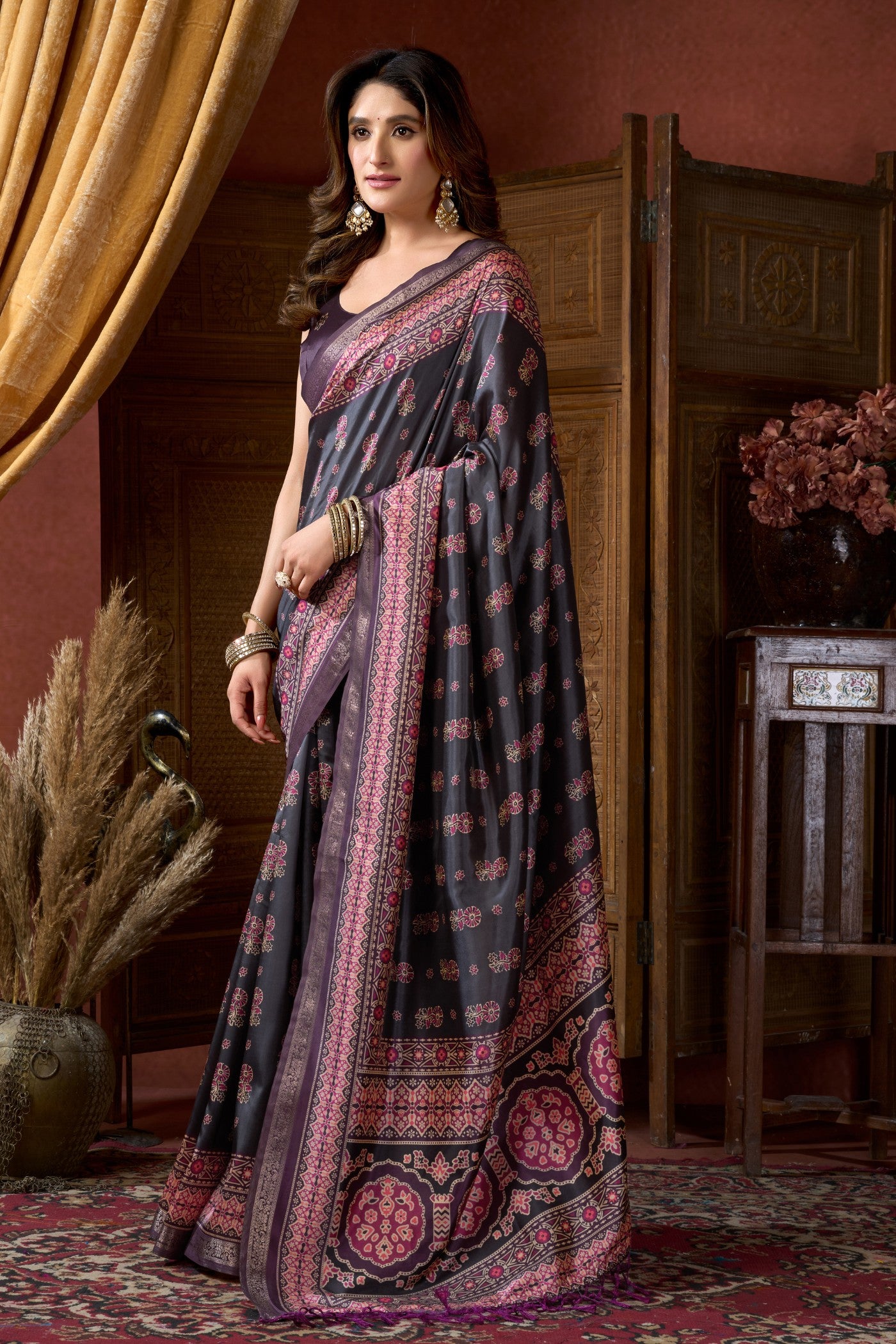 Buy MySilkLove Platinum Grey Ajrakh Printed Saree Online