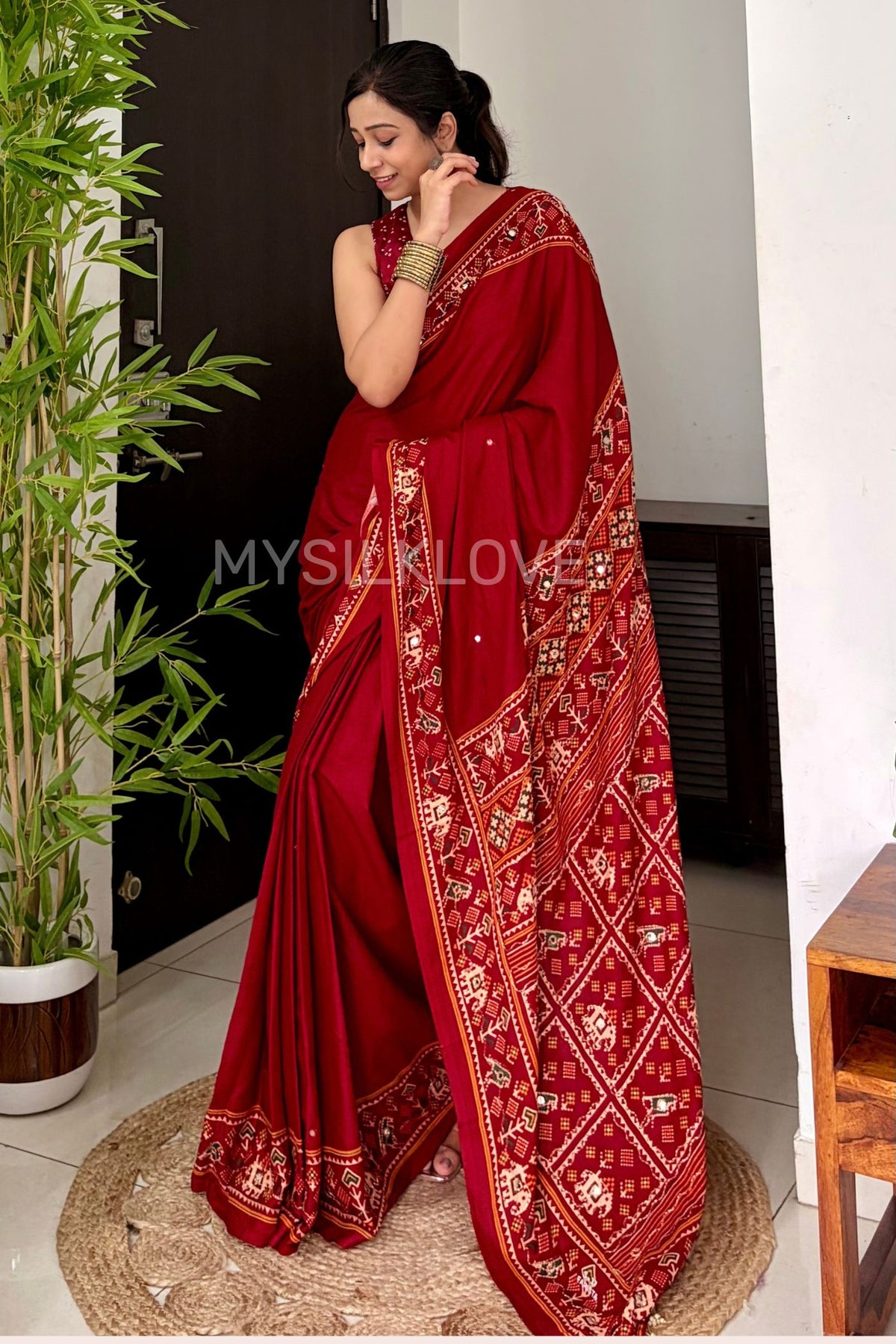Buy MySilkLove Vermilion Red Patola Pallu Embroidery Mirror Work Modal Soft Silk Saree Online