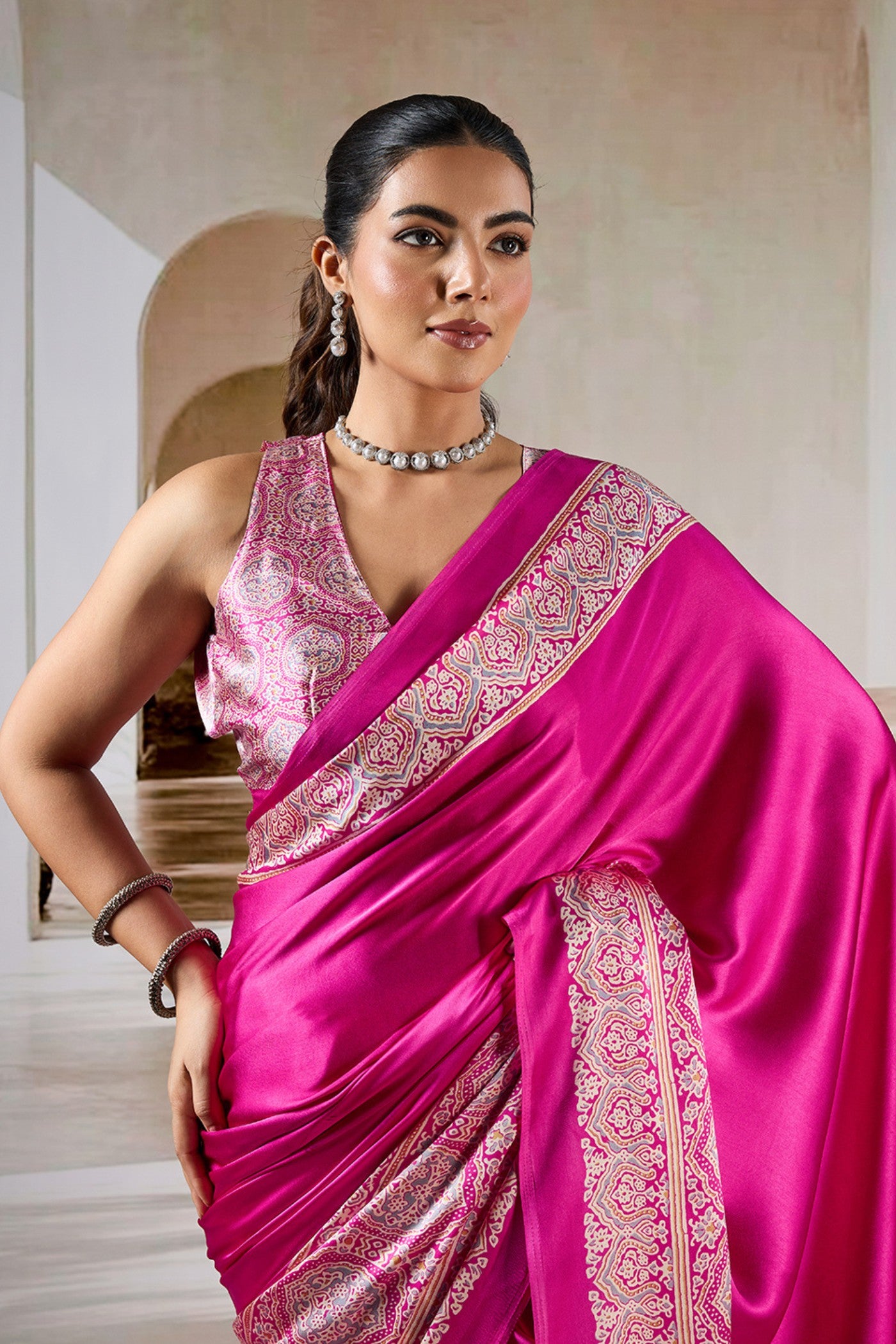 MySilkLove Flower Bloom Pink Ajrakh Printed Satin Crepe Silk Saree