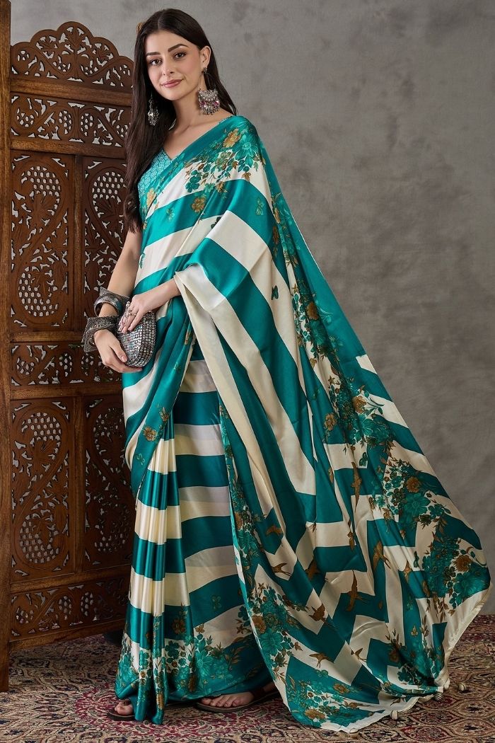 Buy MySilkLove Water Blue Stripe Printed Floral Satin Gaji Silk Saree Online