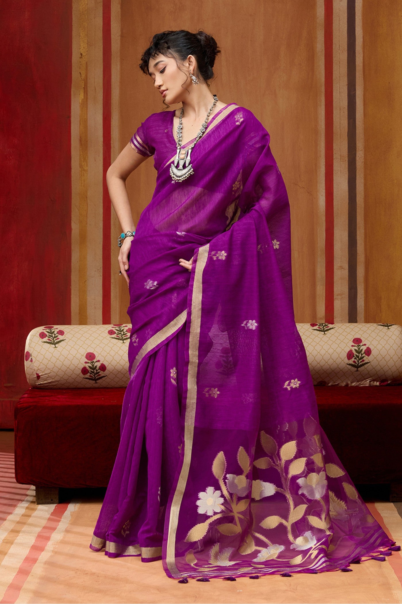 Buy MySilkLove Daisy Purple Handloom Munga Cotton Saree Online