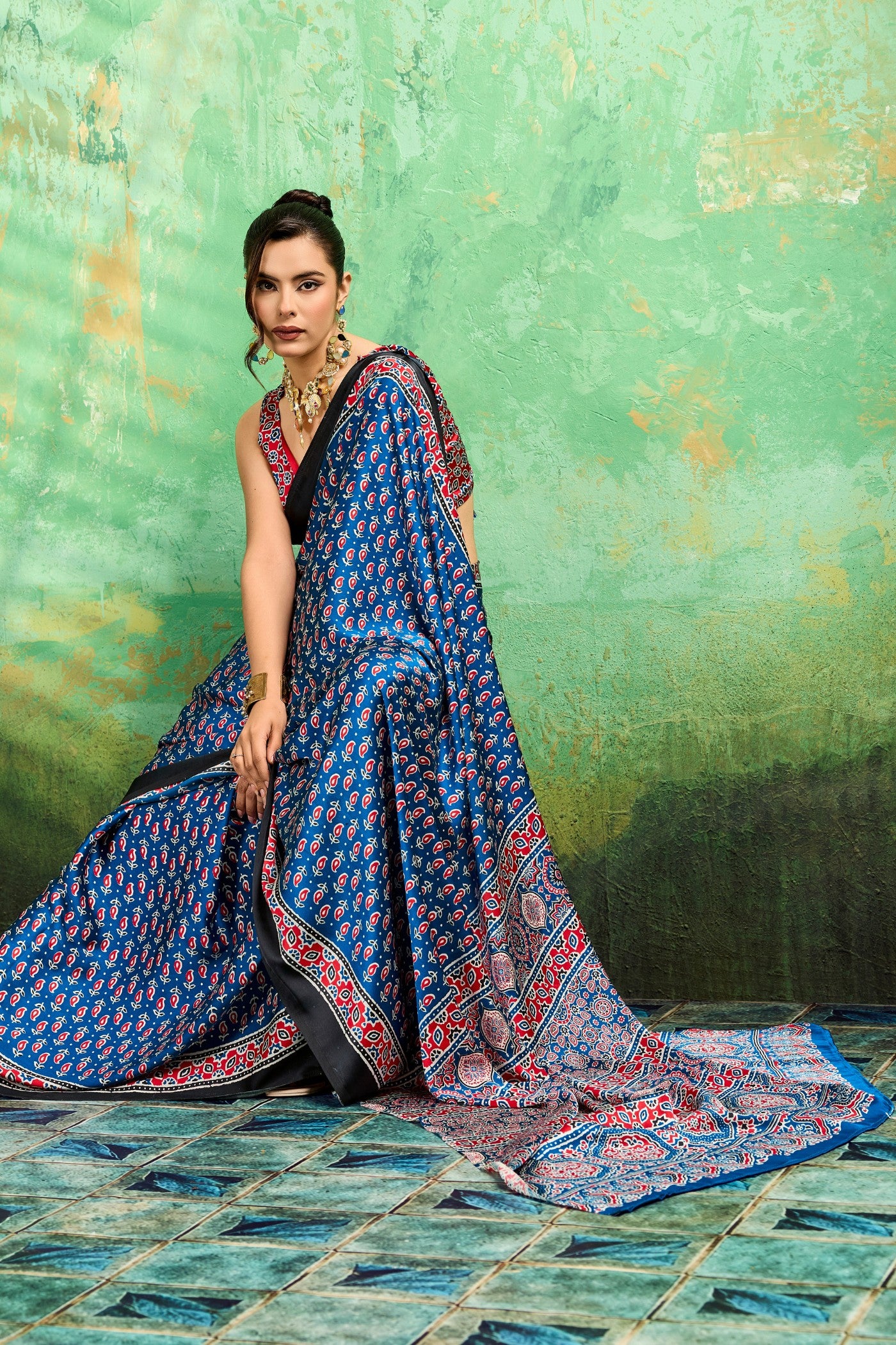 Buy MySilkLove Celestial Blue Modal Ajrakh Satin Printed Silk Saree Online